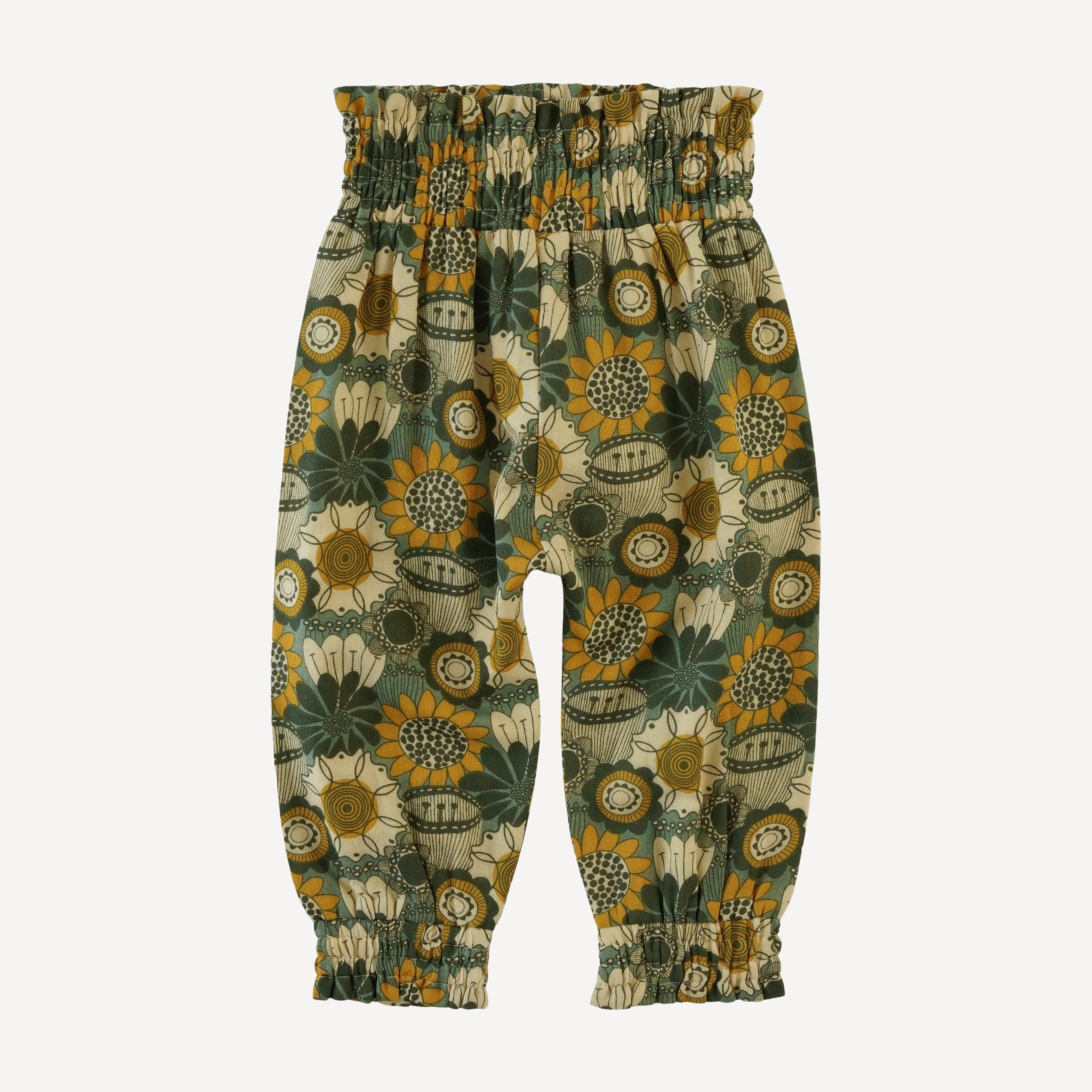 smocked waist bubble pant | honey mustard flower doodles | organic cotton gauze