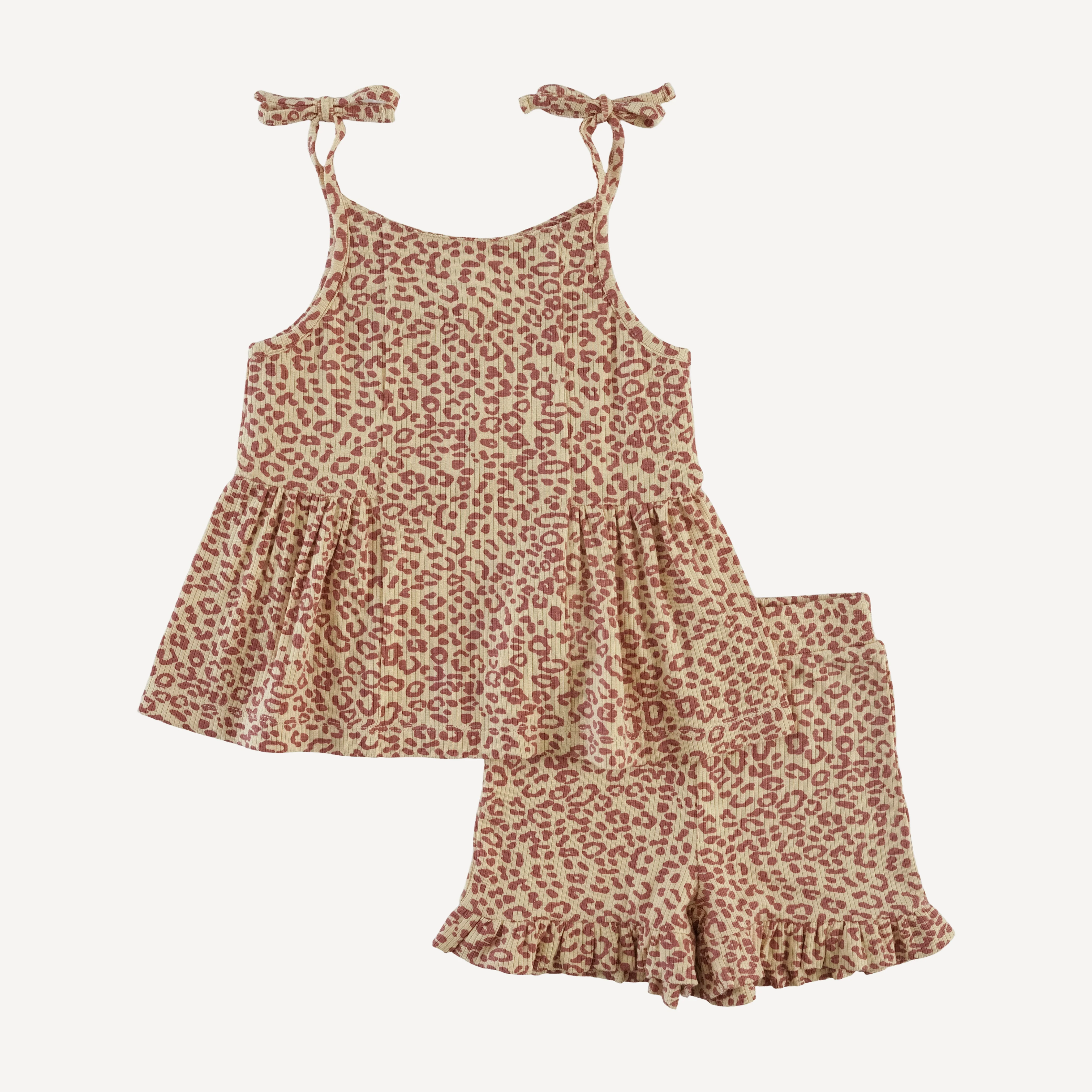 spaghetti tie ballerina top + ruffle short set | leopard print | modal skinny rib