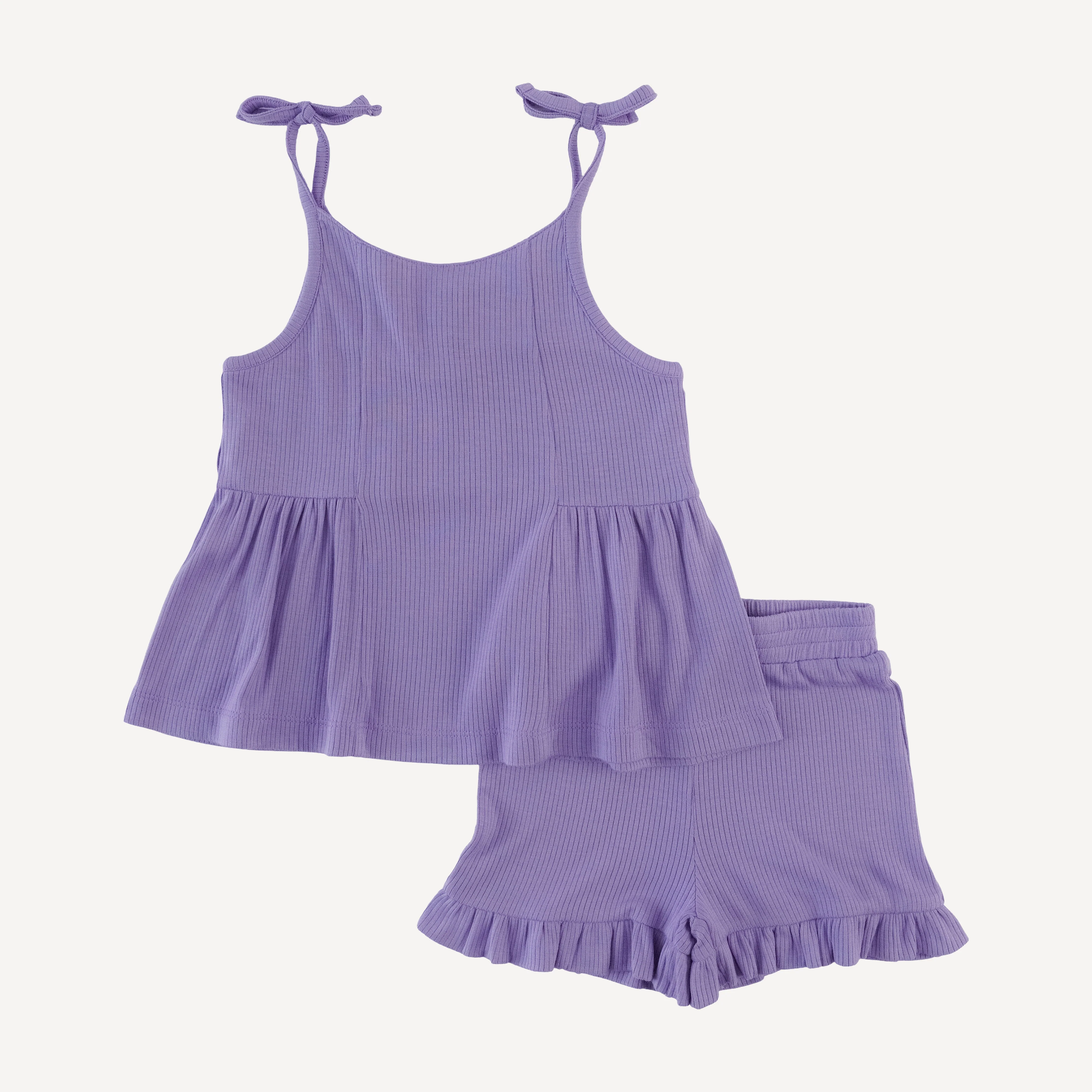 spaghetti tie ballerina top + ruffle short set | paisley purple | modal skinny rib