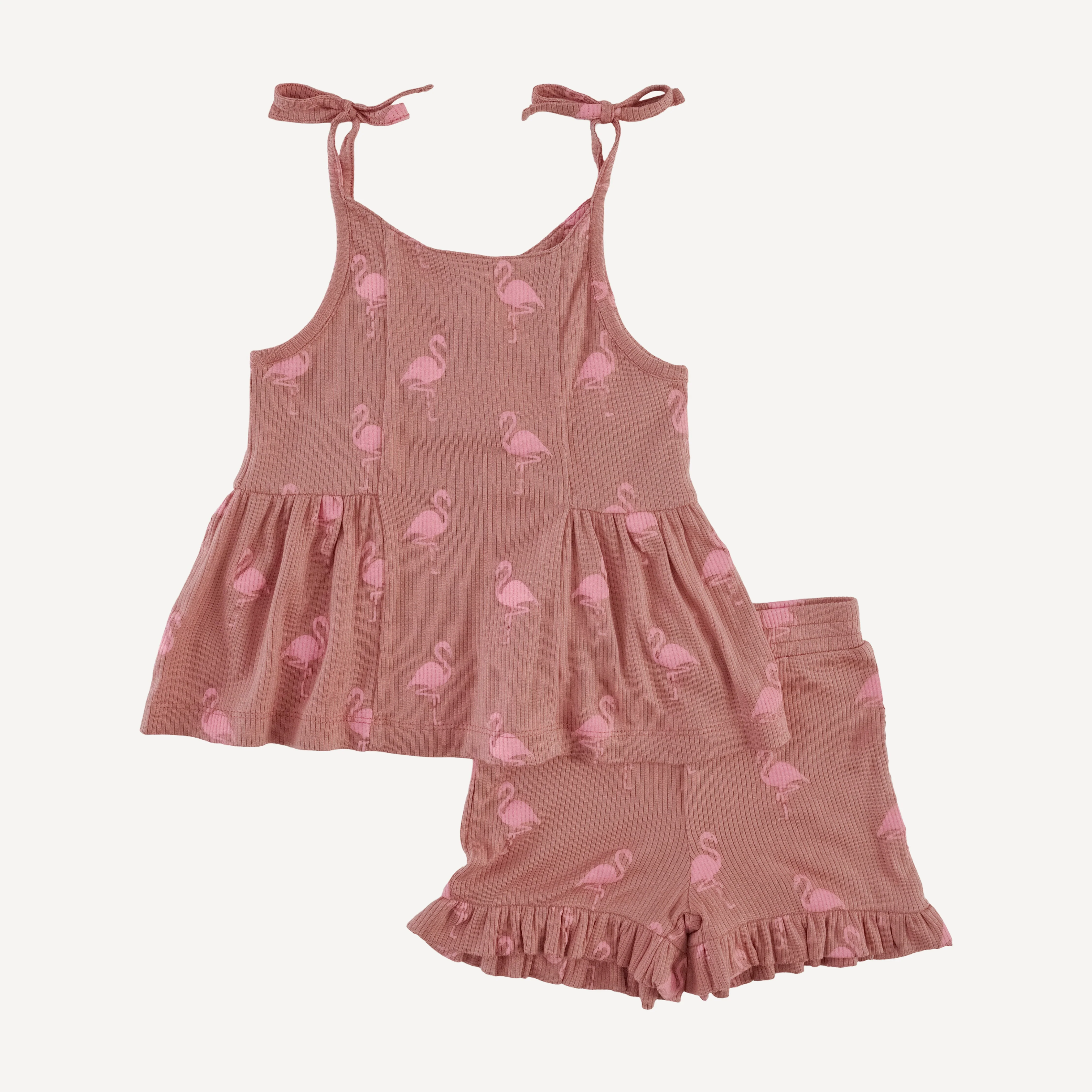 spaghetti tie ballerina top + ruffle short set | tiny flamingo | modal skinny rib