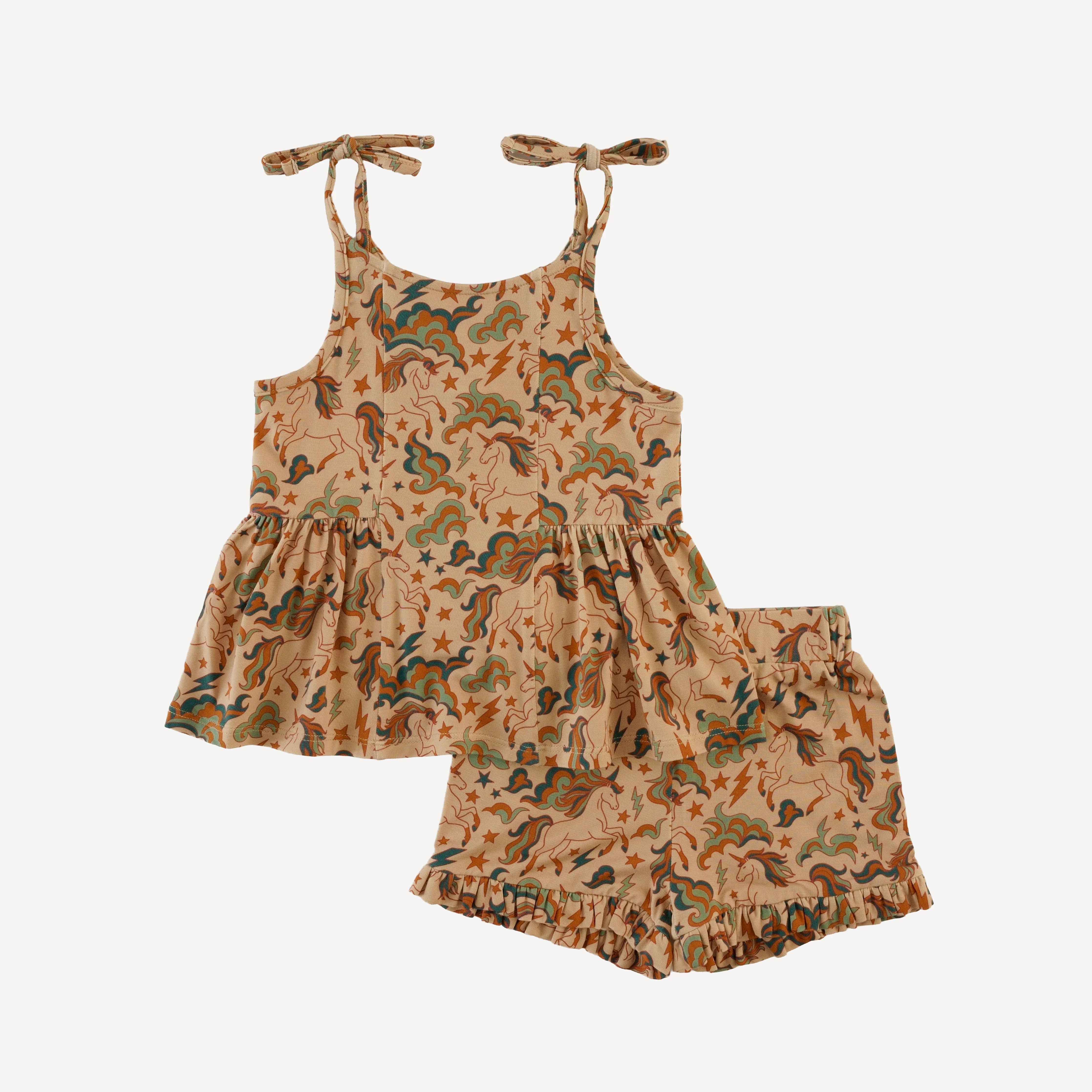 spaghetti tie ballerina top + ruffle short set | unicorn party | light weight bamboo