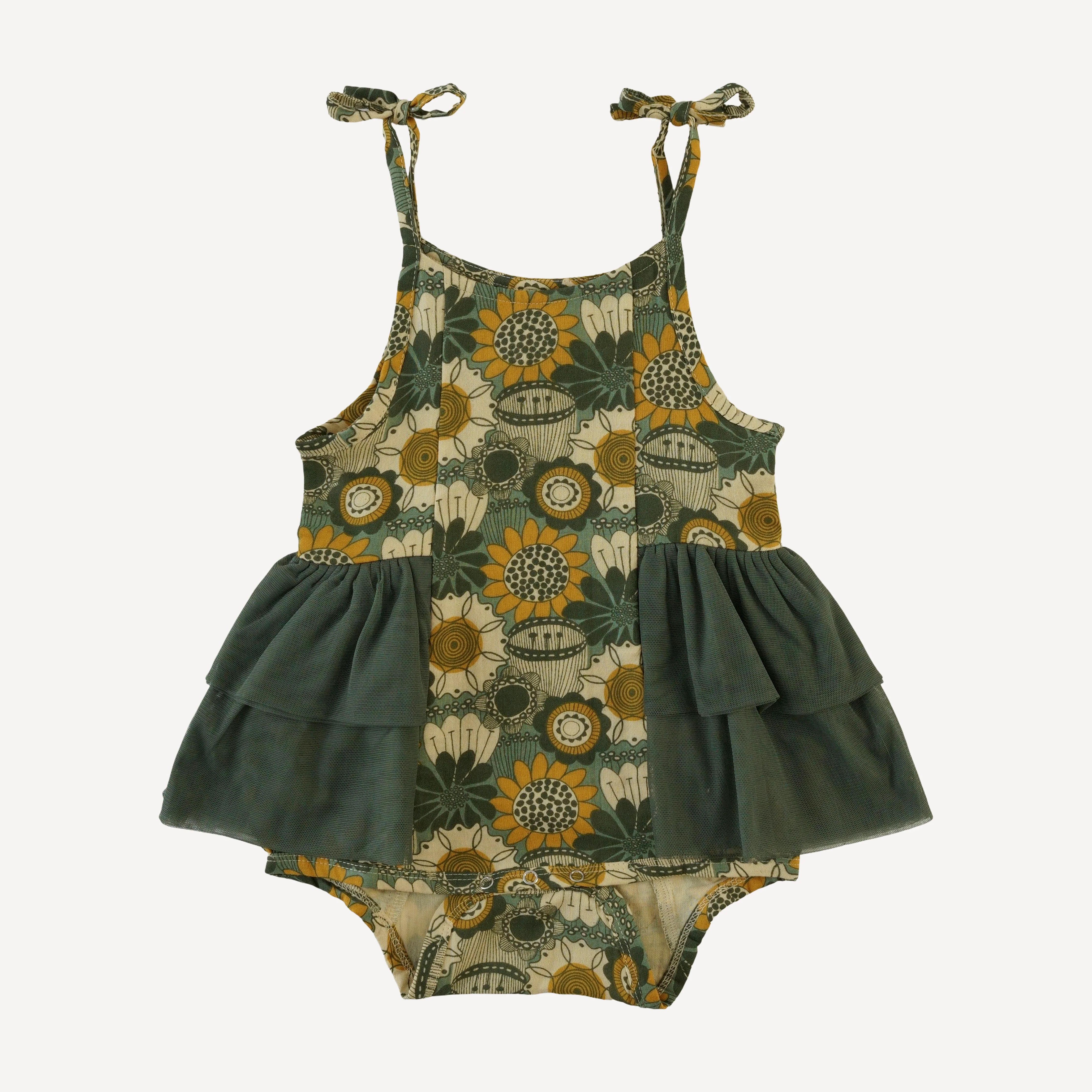 spaghetti tie double ruffle ballerina bubble | honey mustard flower doodles | organic cotton gauze