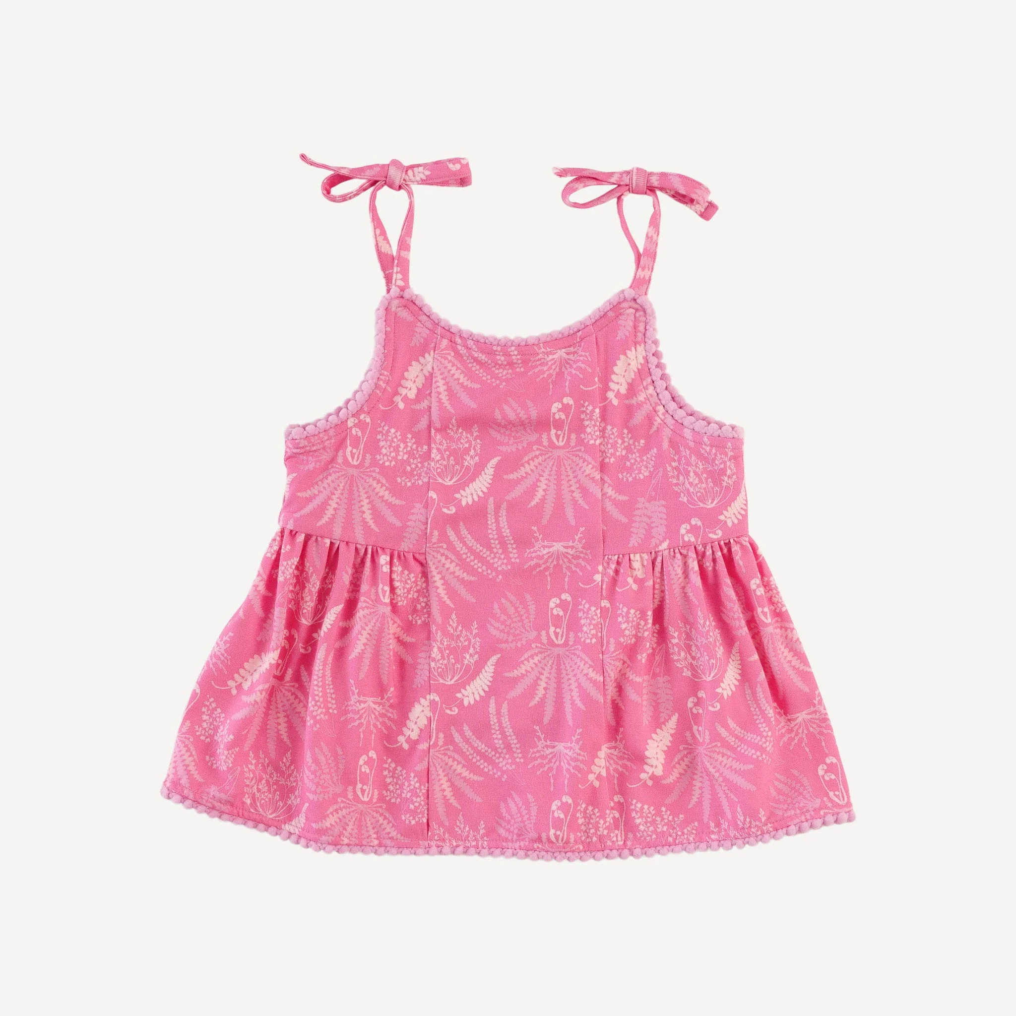 spaghetti tie pom pom ballerina top + ruffle short set | pink magical fern | light weight bamboo - Image 3
