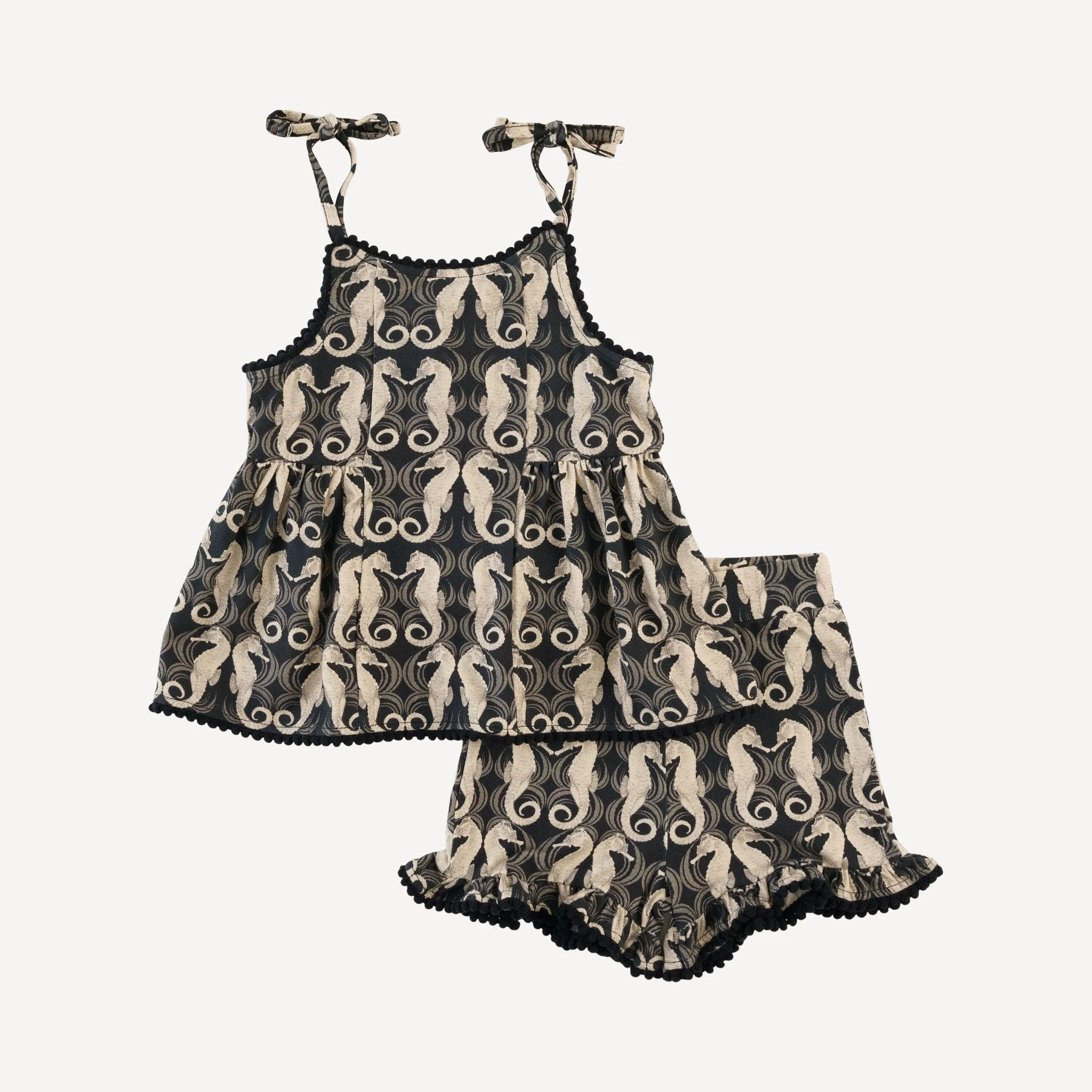 spaghetti tie pom pom ballerina top + ruffle short set | seahorse wave | light weight bamboo