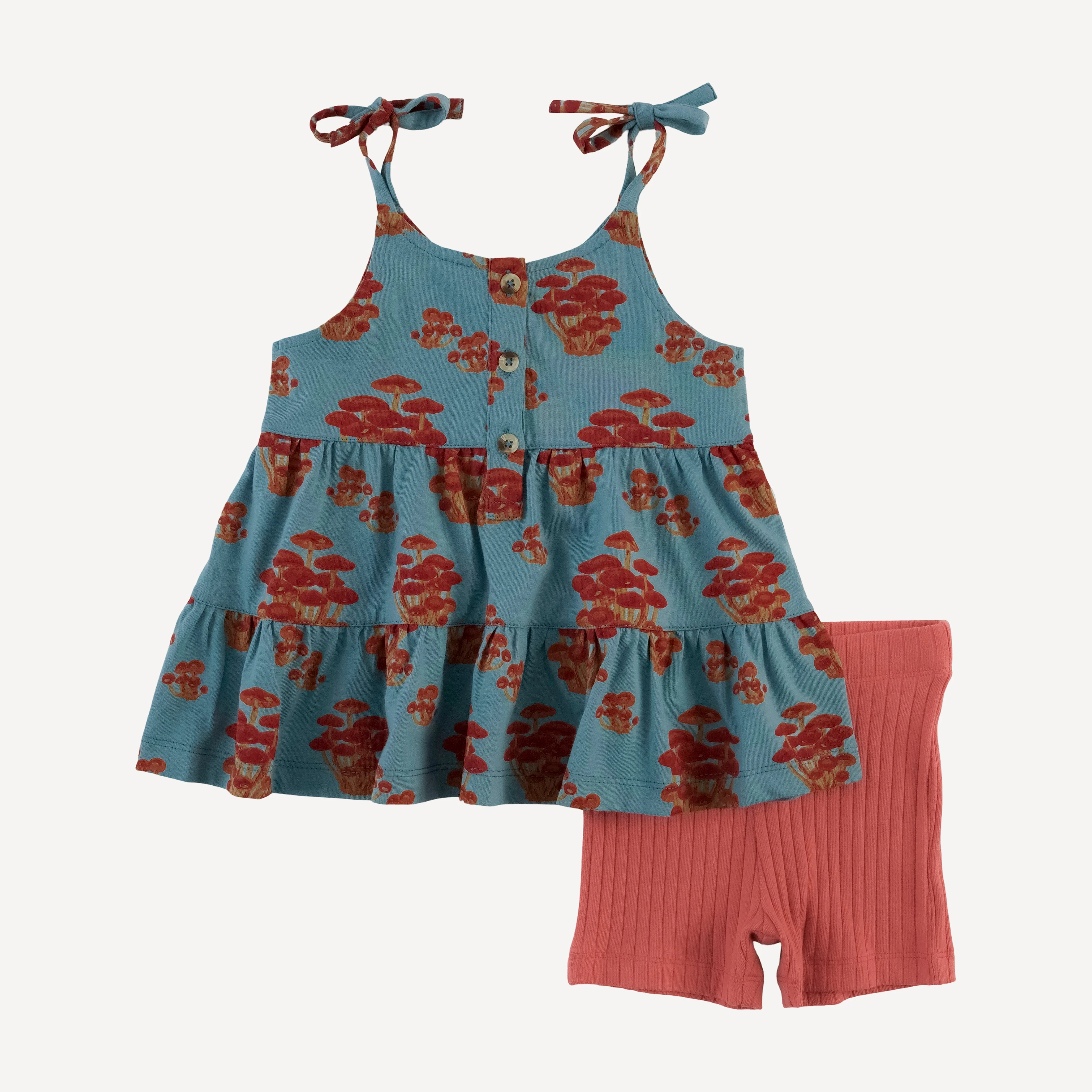 spaghetti tie prairie + bike short set | red mushroom bunch | organic cotton jersey