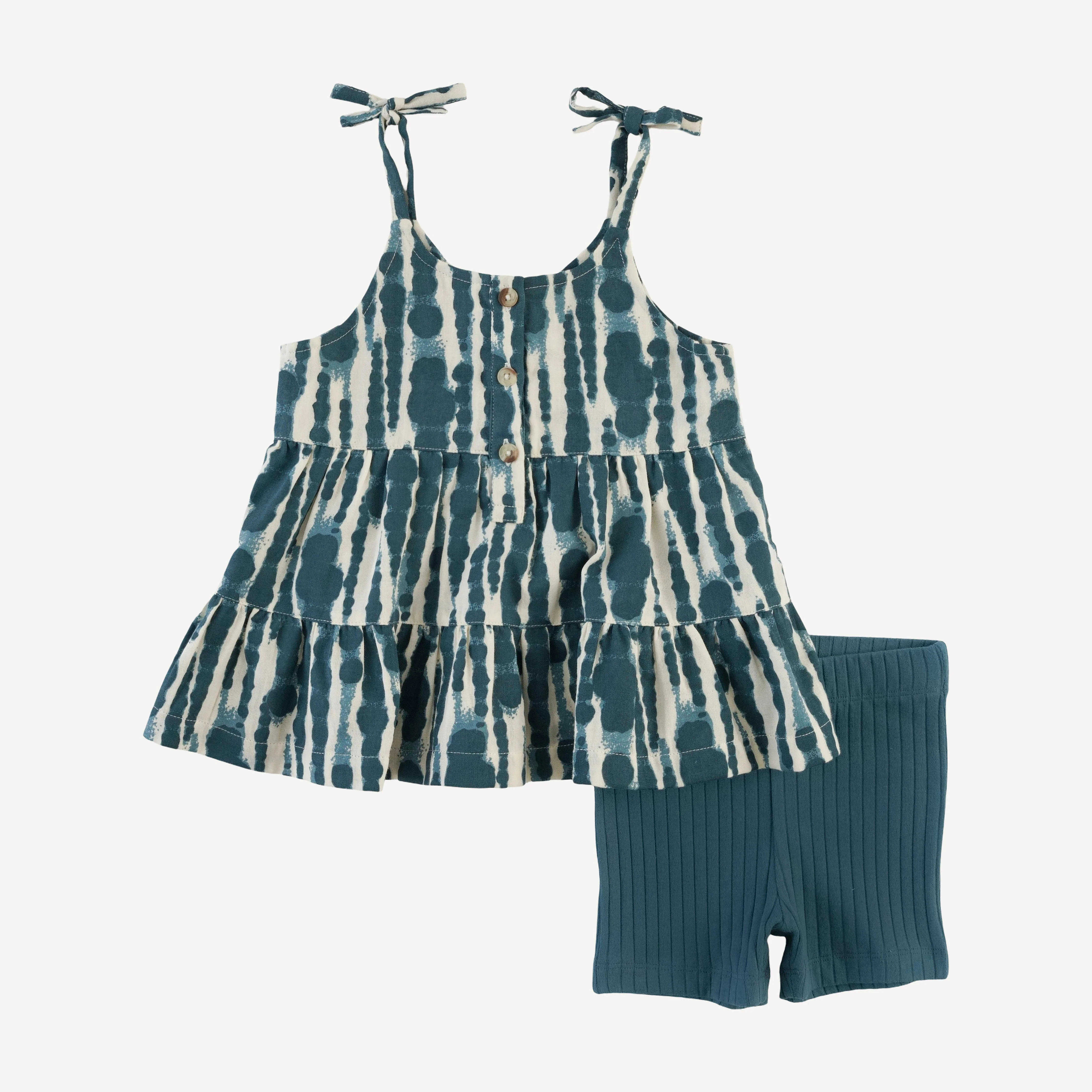 spaghetti tie prairie + bike short set | tapestry water drops | organic cotton gauze