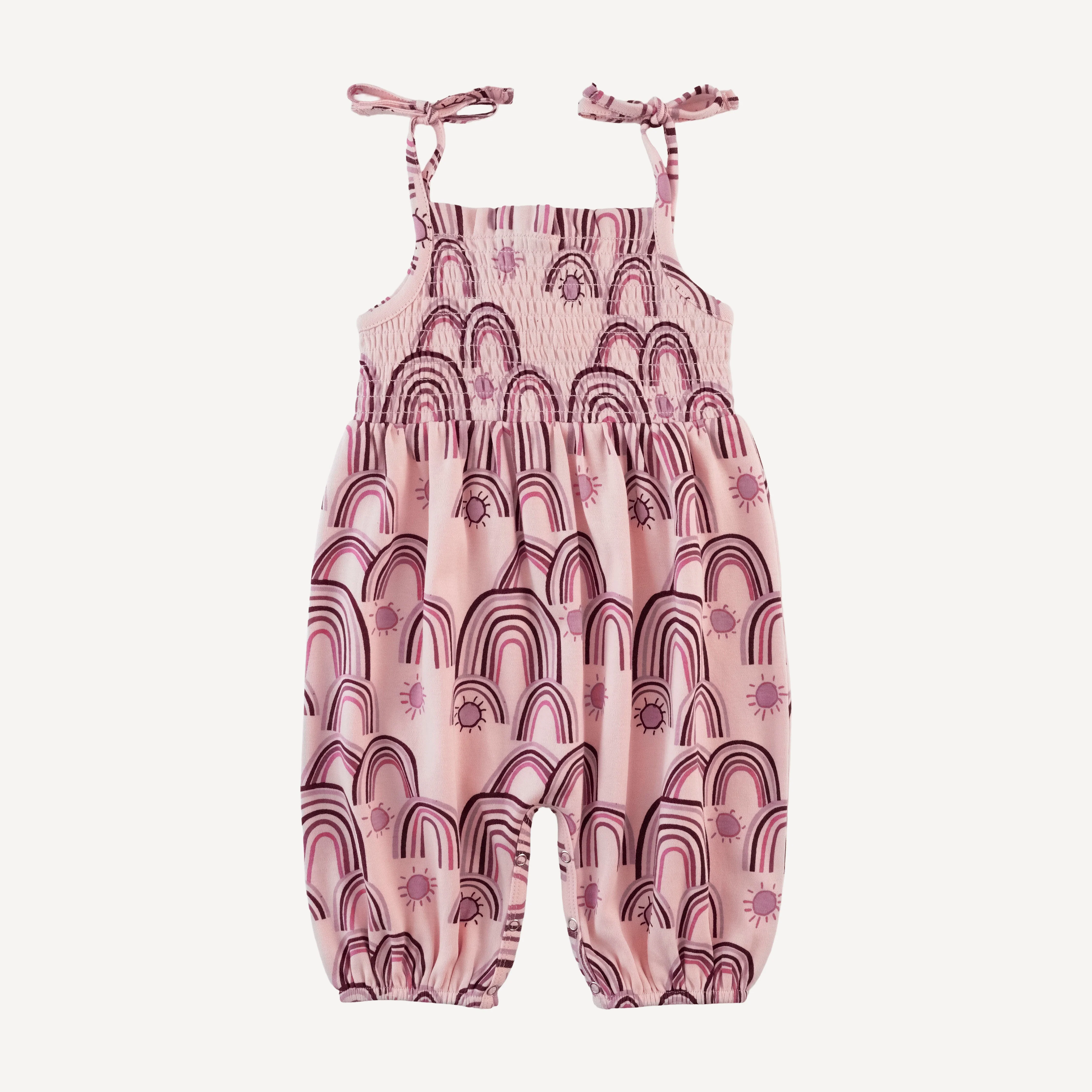 spaghetti tie smocked bubble jumpsuit | mauve rainbow | organic cotton interlock