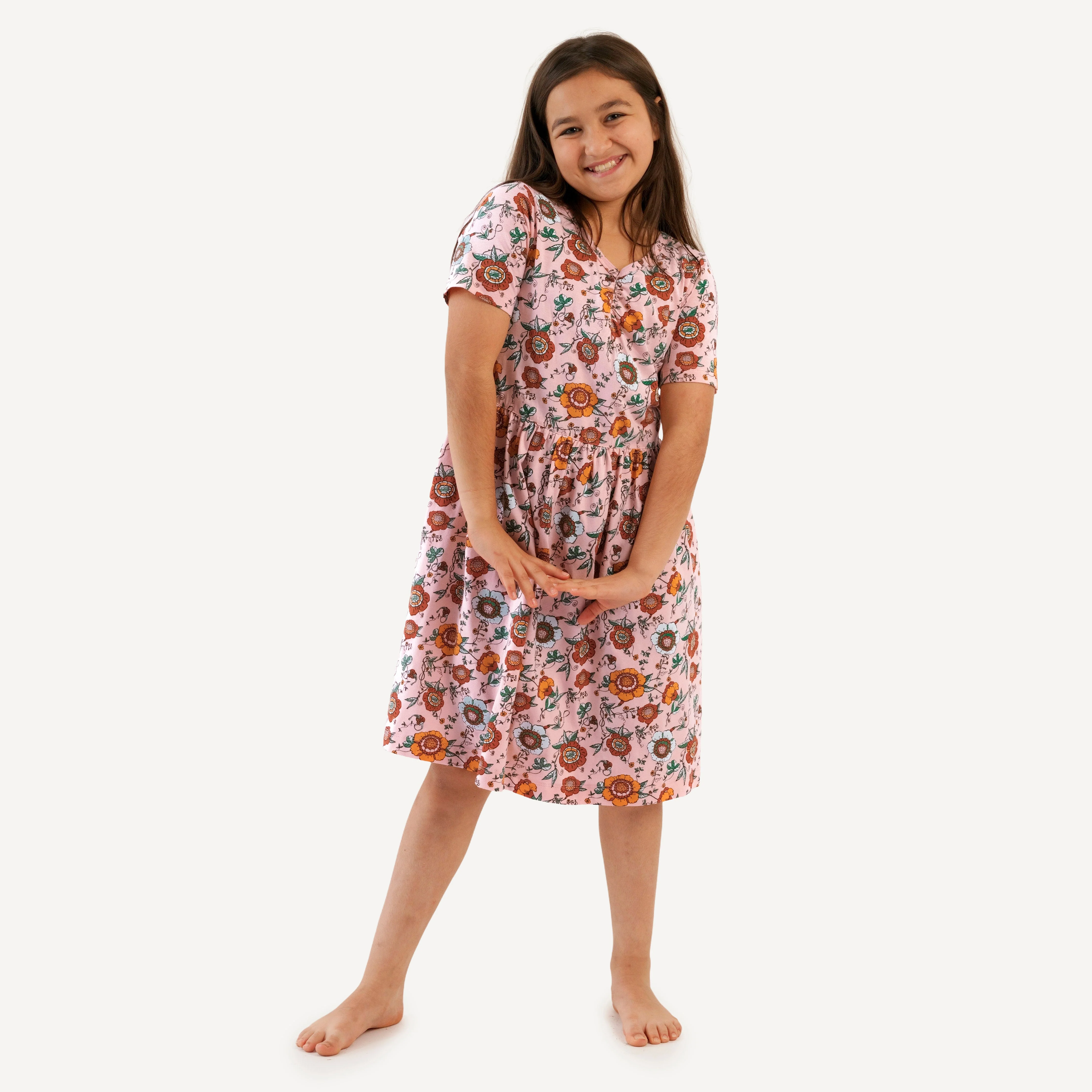 tween short sleeve twirl dress | chinoiserie floral | organic cotton jersey