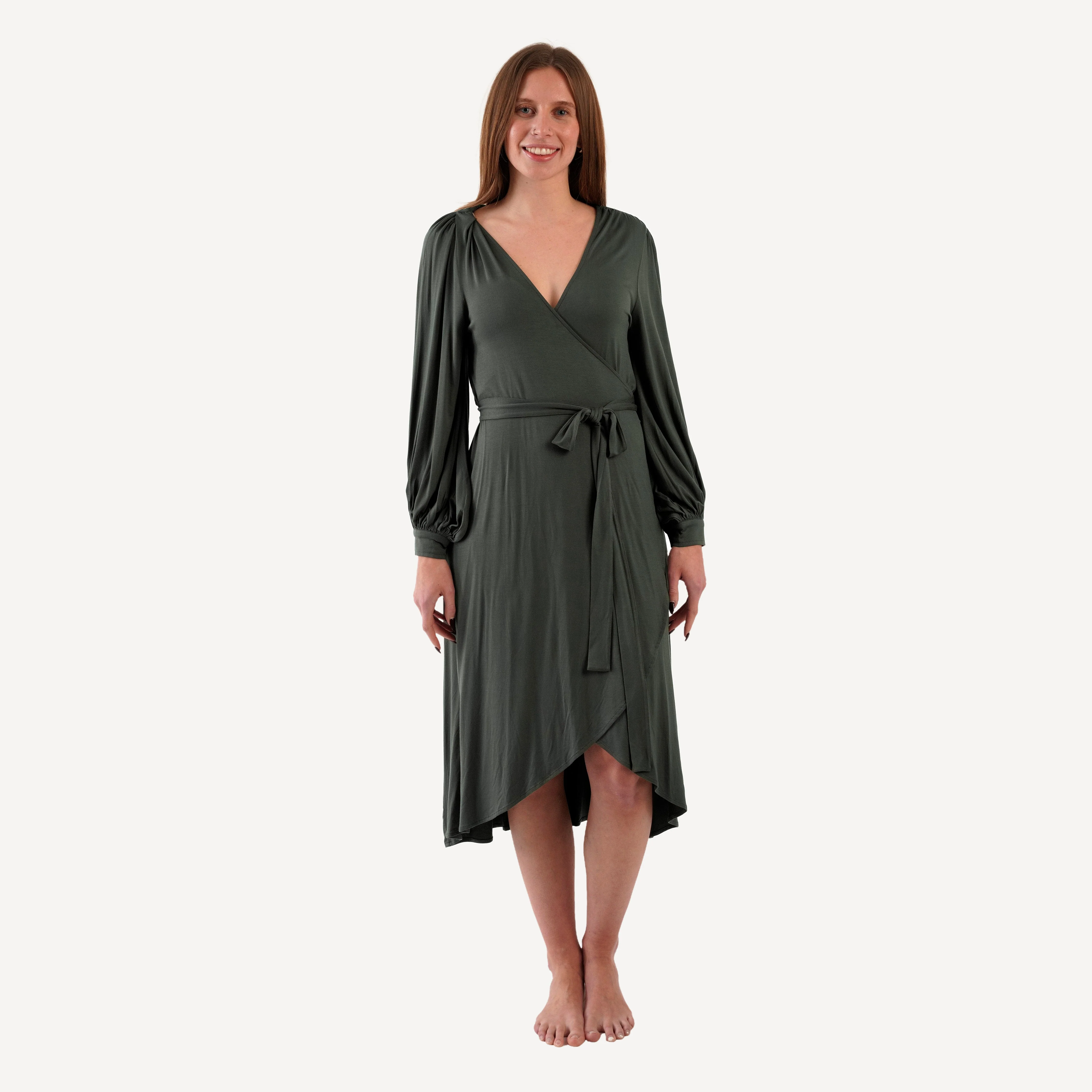 womens balloon sleeve midi wrap dress | beluga | bamboo