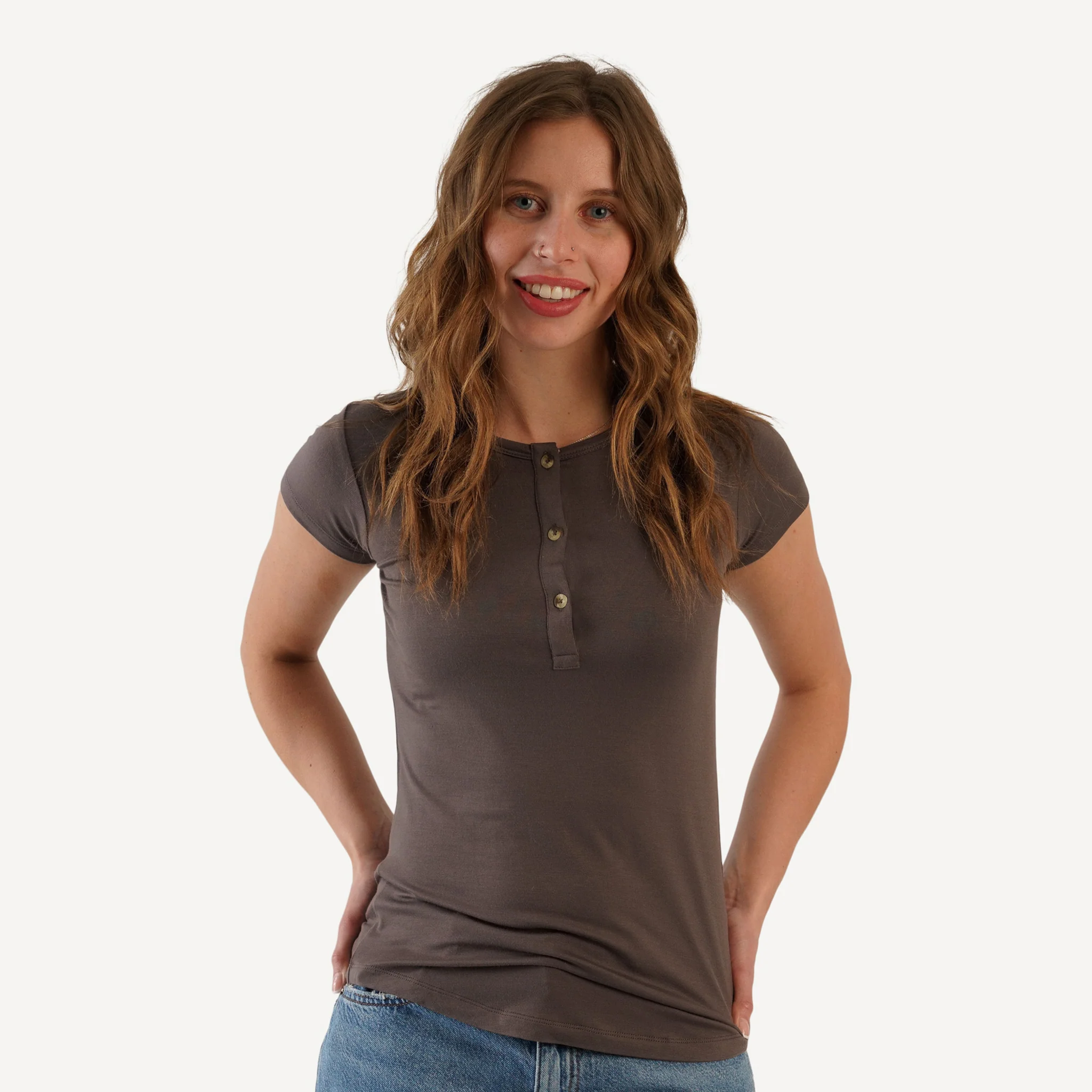 womens cap sleeve henley top | gull | bamboo