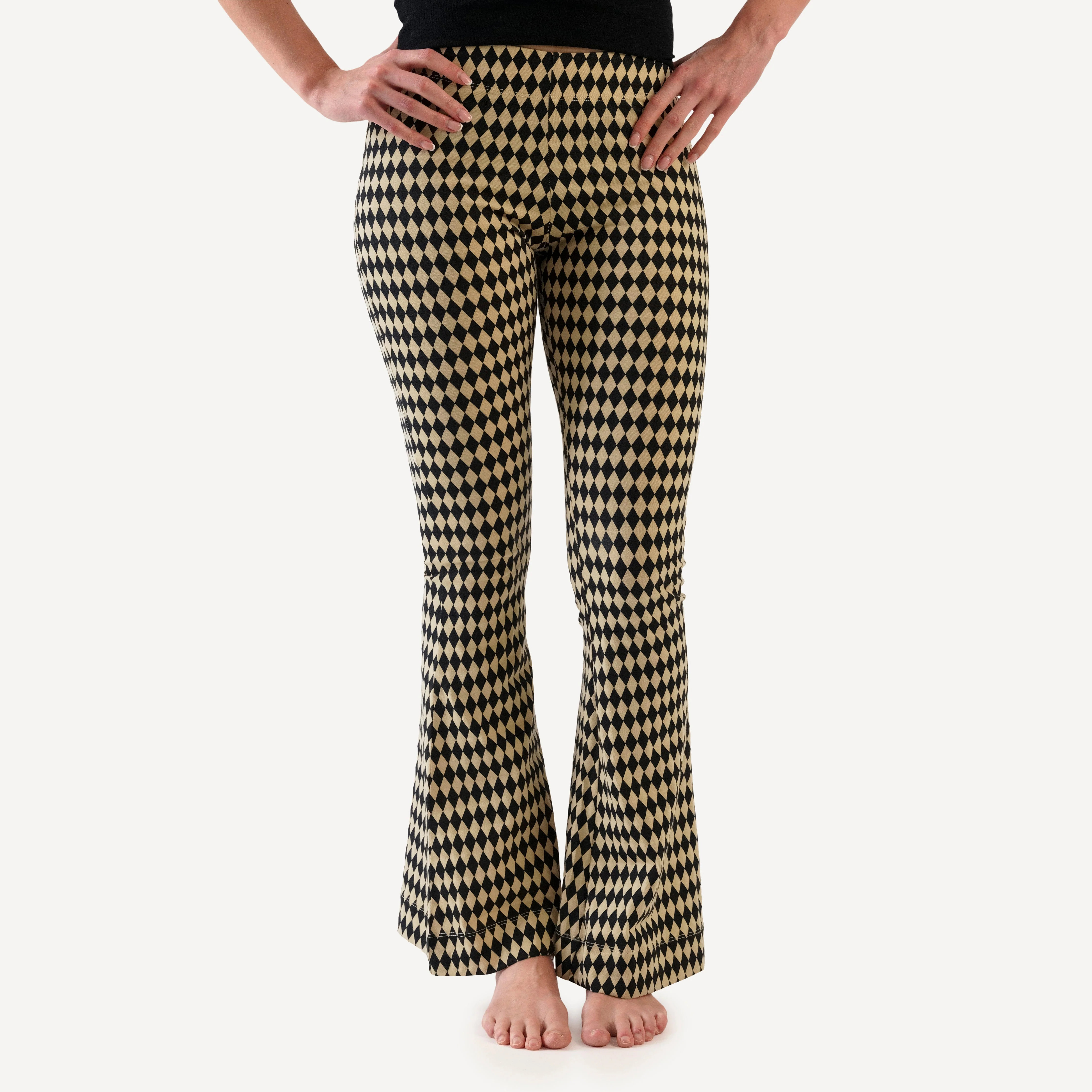womens extra flare leg pant | black harlequin | organic cotton jersey