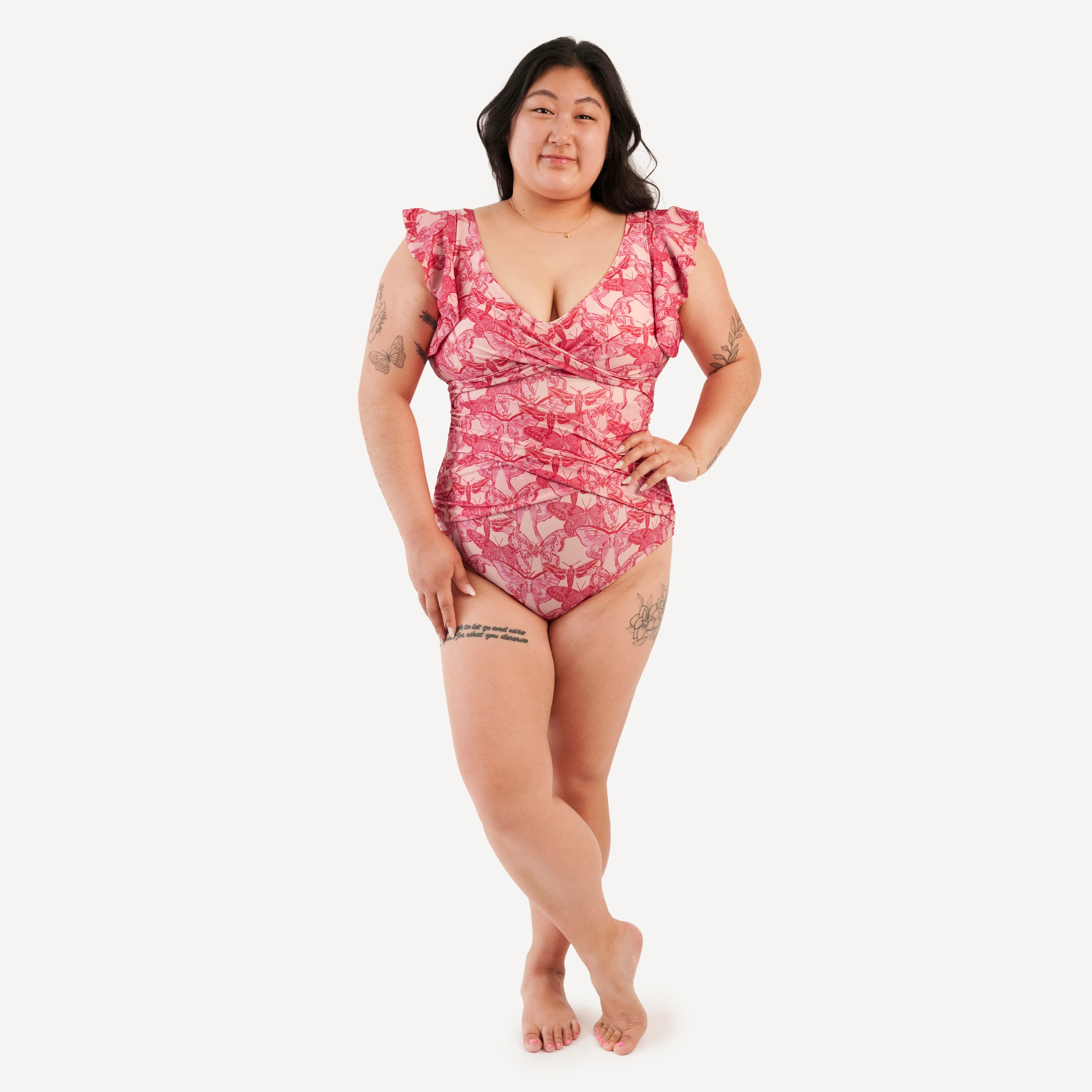 womens flutter sleeve one piece swimsuit | pink moth wallpaper | swim