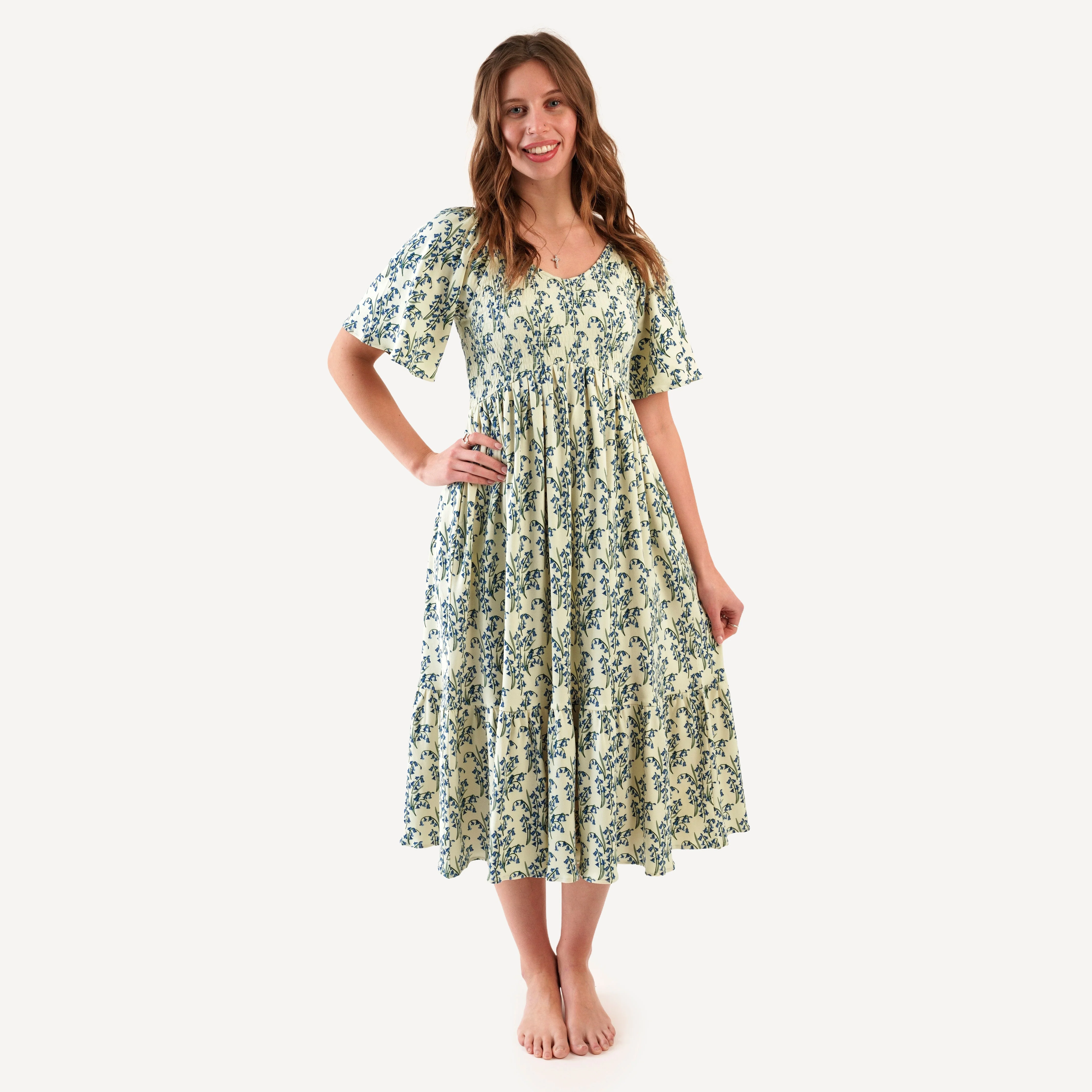 womens flutter sleeve smocked midi dress | bluebells | organic cotton interlock