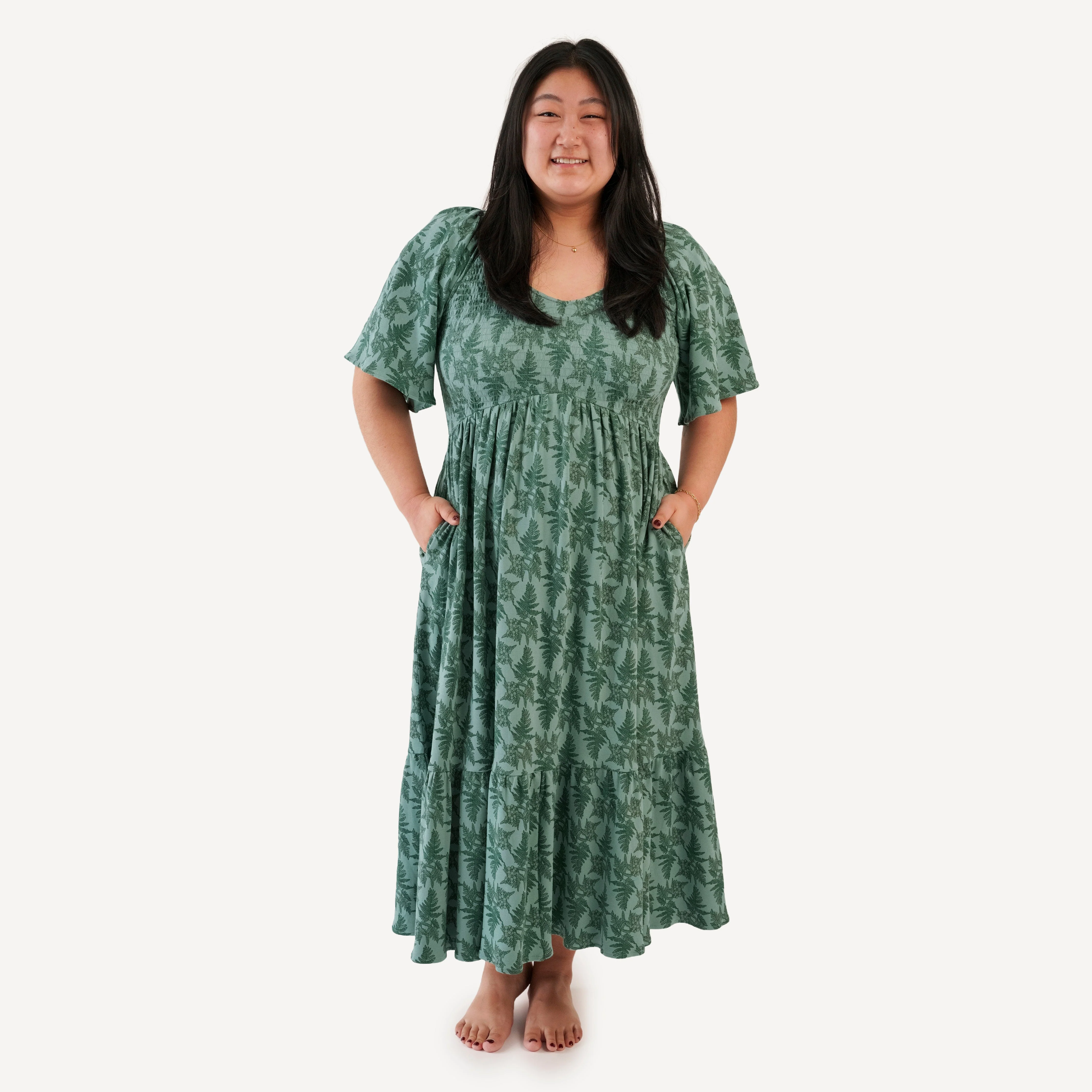 womens flutter sleeve smocked midi dress | fern floral | organic cotton interlock