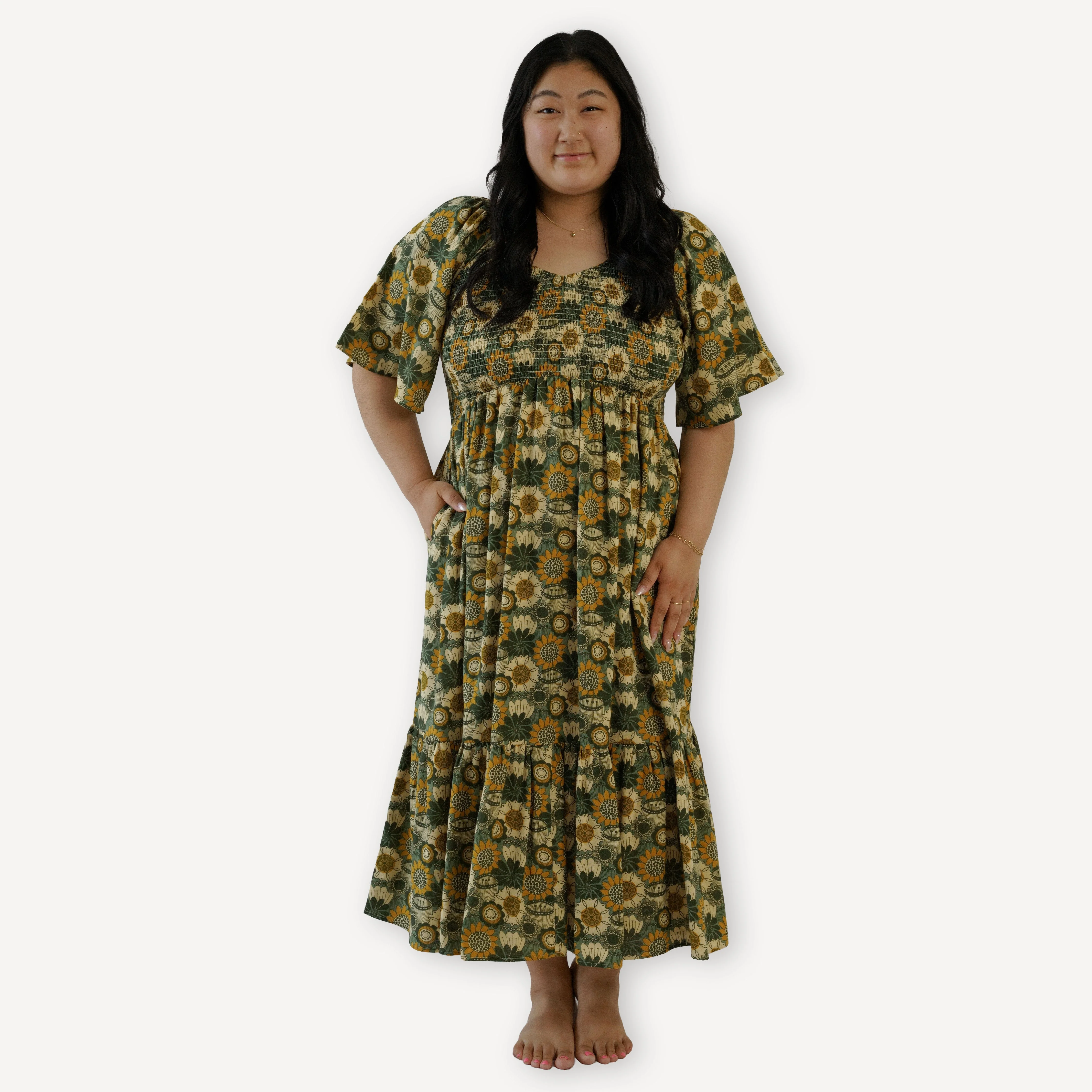 womens flutter sleeve smocked midi dress | honey mustard flower doodles | organic cotton gauze