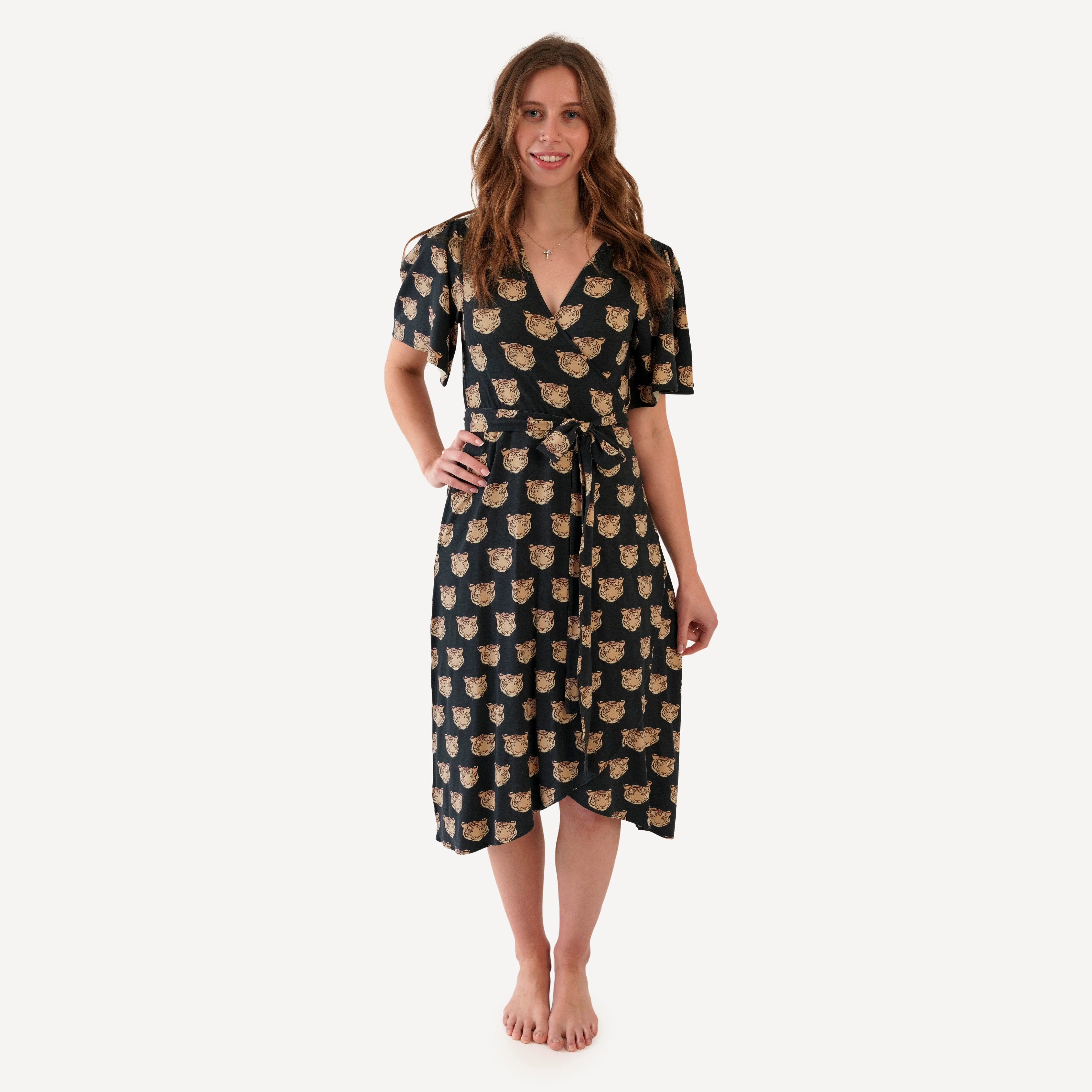 womens flutter sleeve wrap dress | OG tigers | bamboo