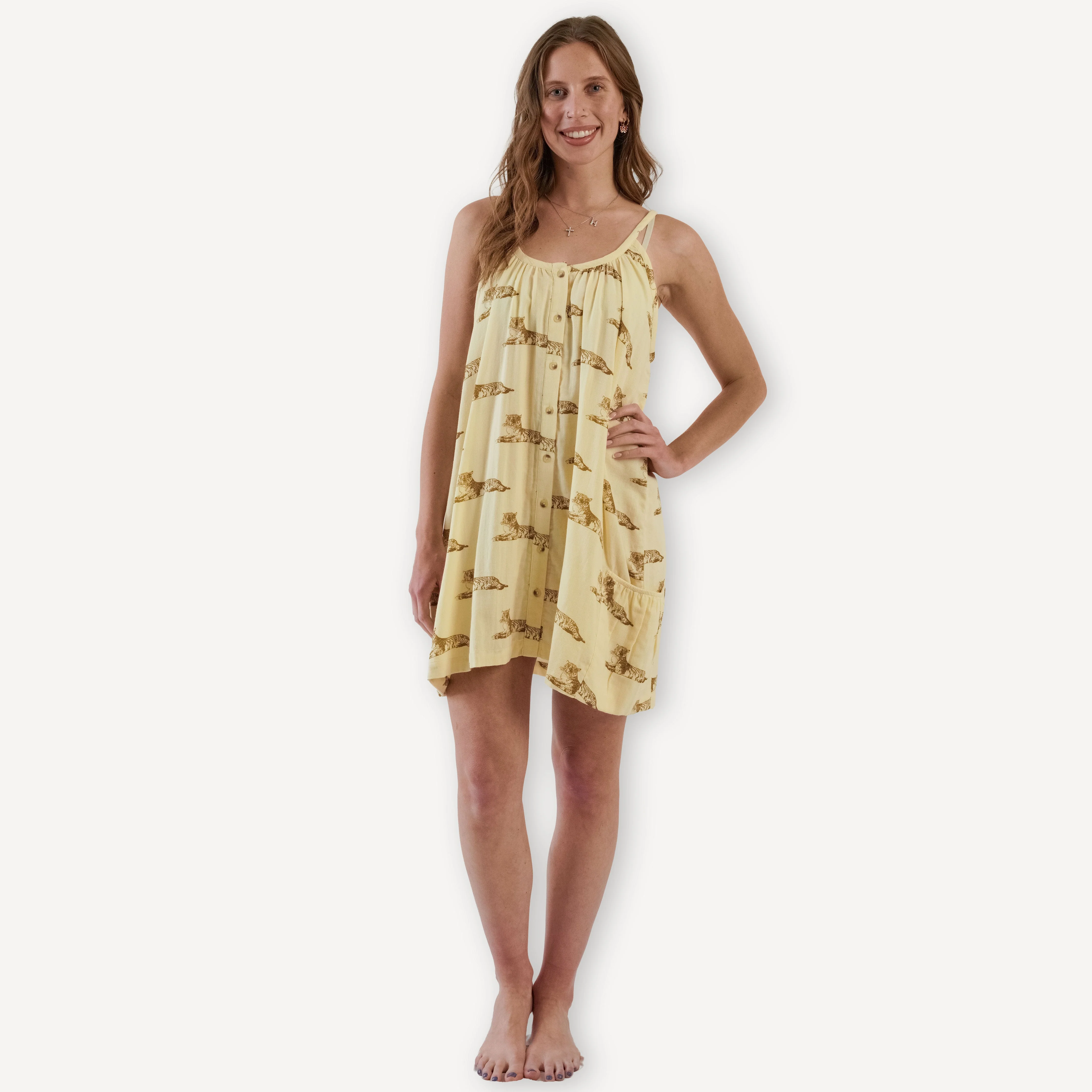 womens gathered pocket button dress | classic tiger | organic cotton gauze