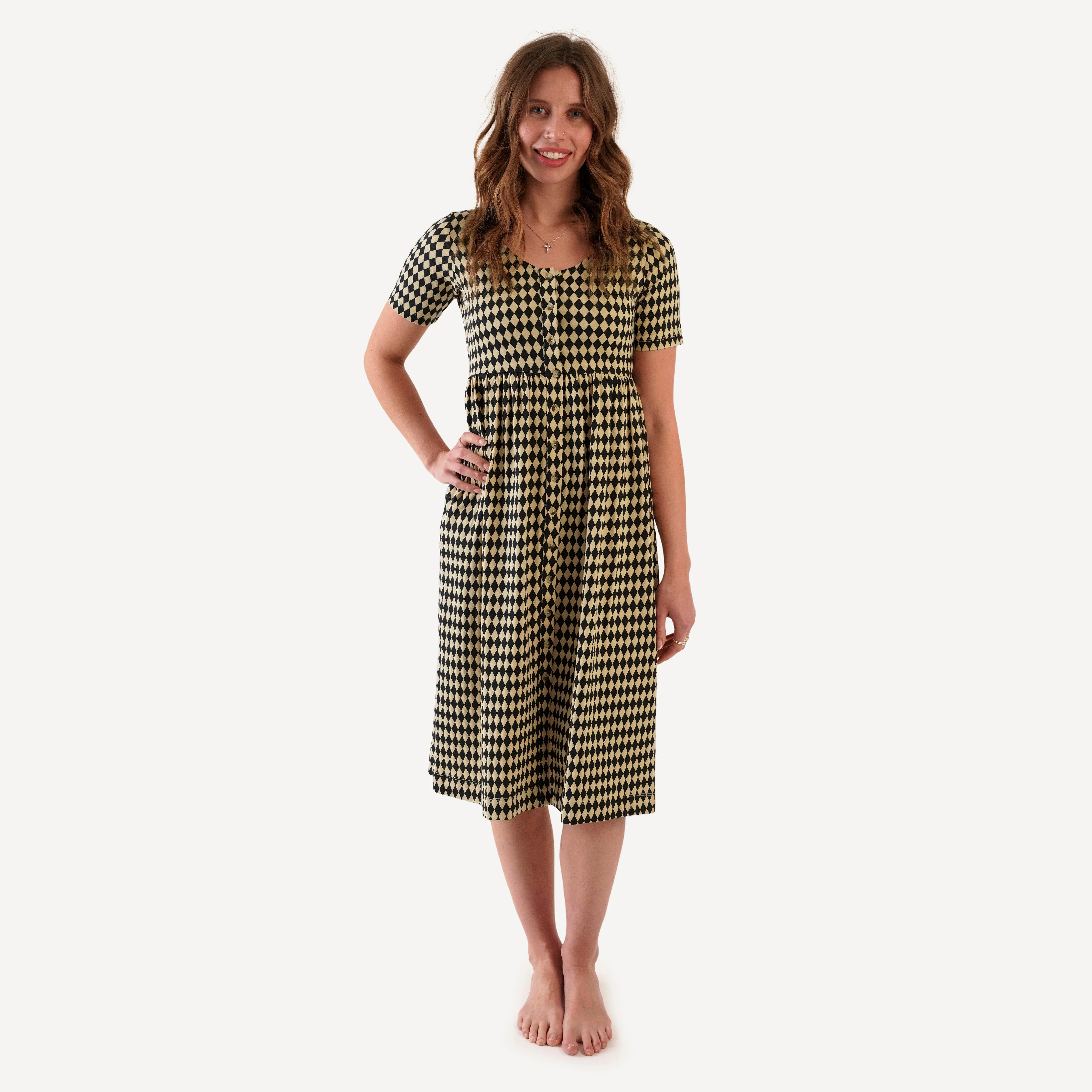 womens half sleeve v-neck pocket button dress | black harlequin | organic cotton jersey