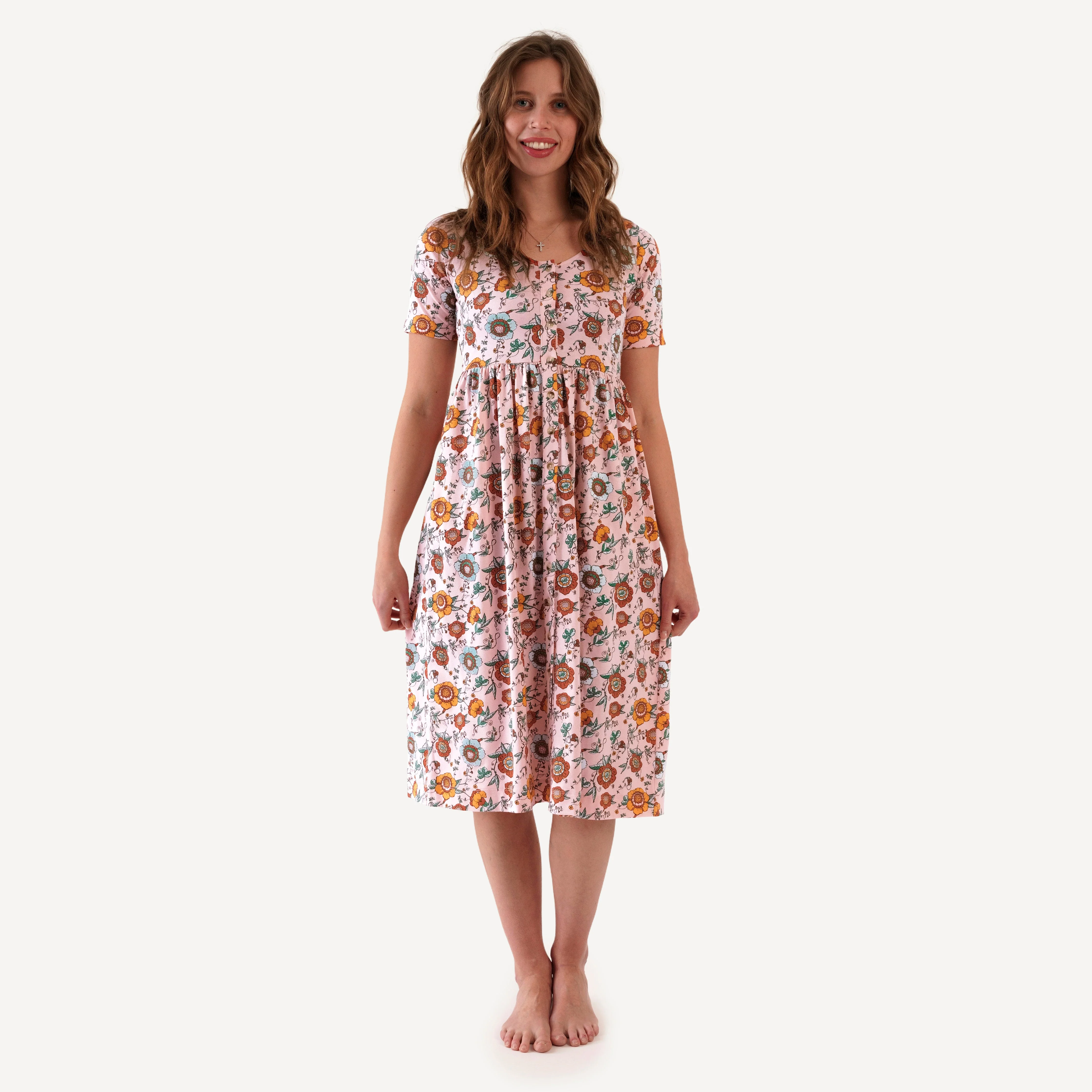womens half sleeve v-neck pocket button dress | chinoiserie floral | organic cotton jersey