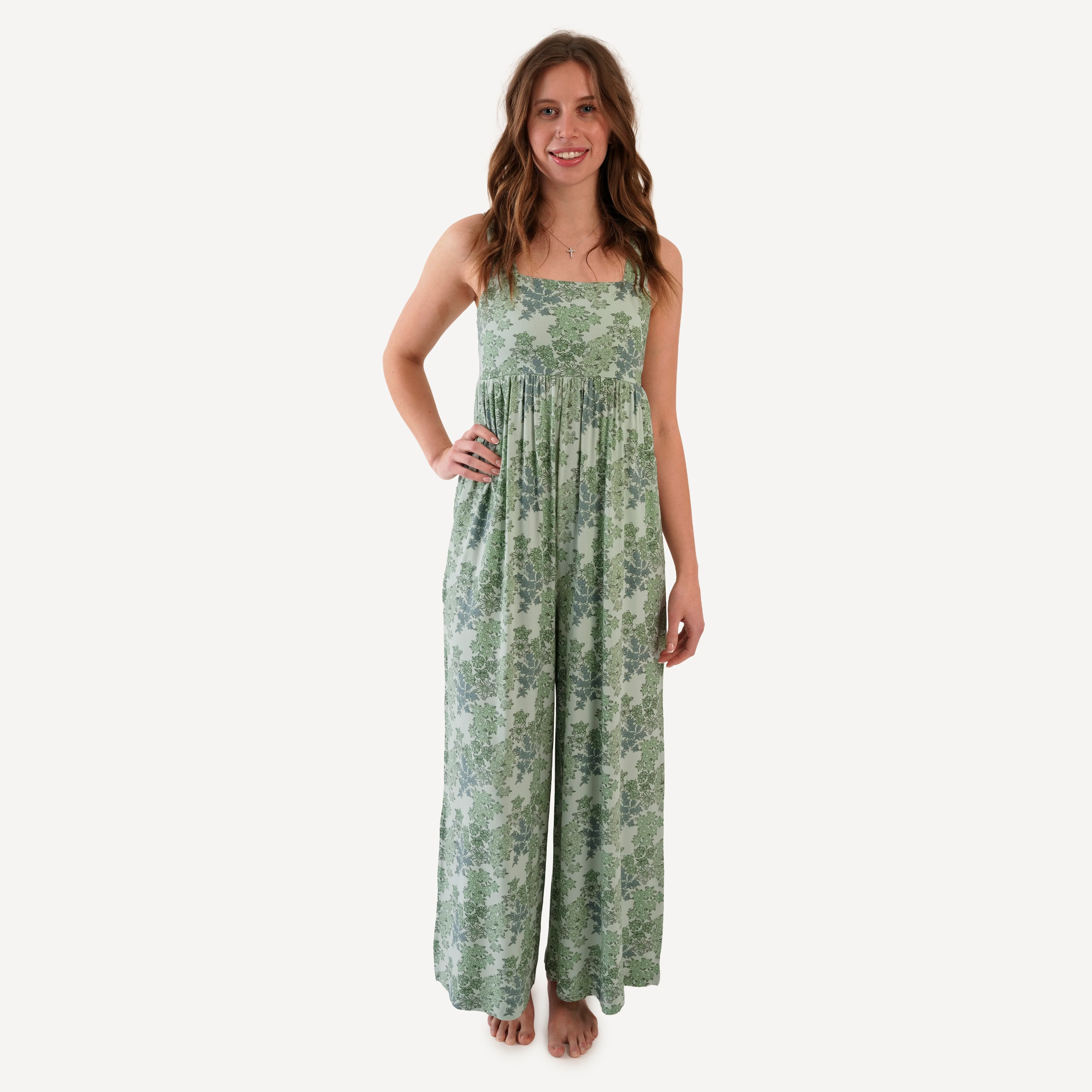 womens high waist jumpsuit | jade wildflower | bamboo