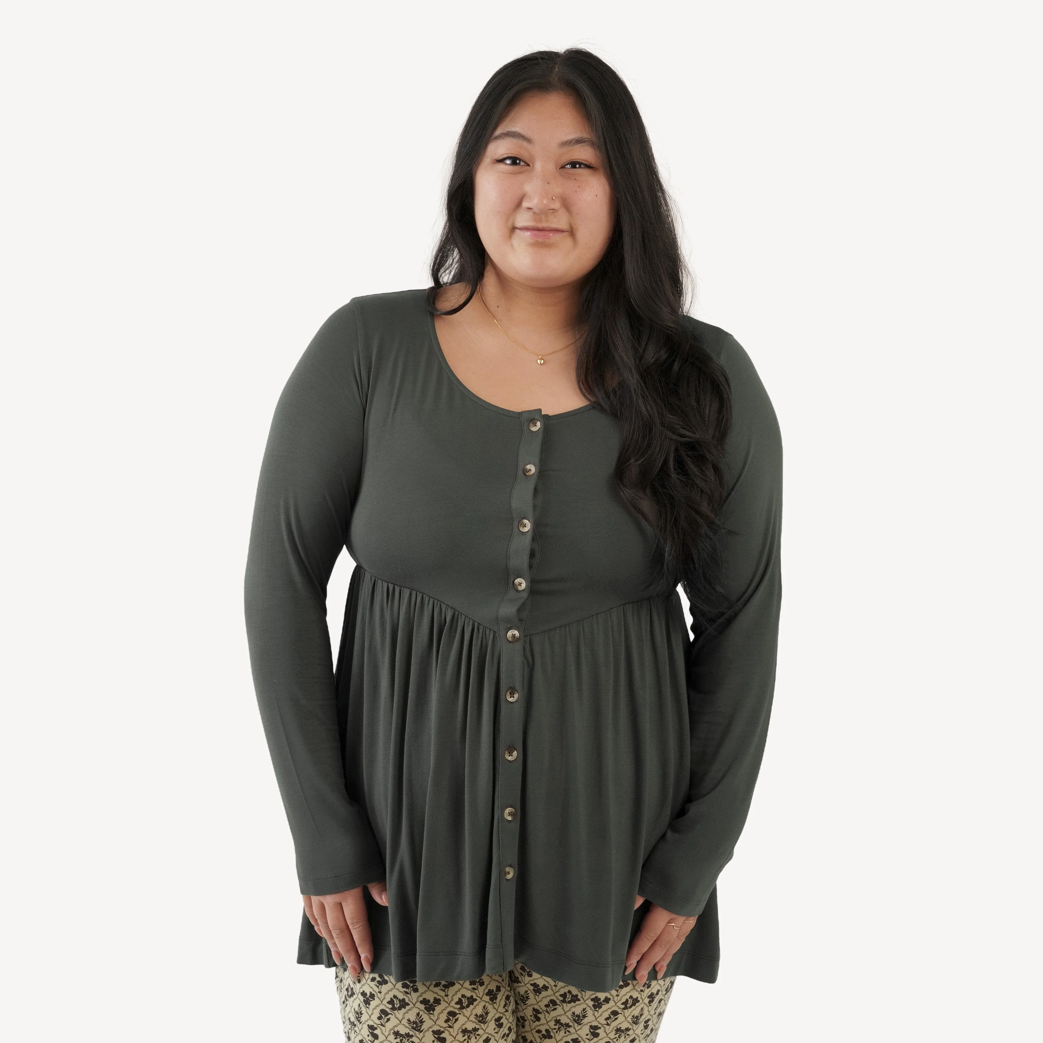womens long sleeve button v-waist top | beluga | bamboo