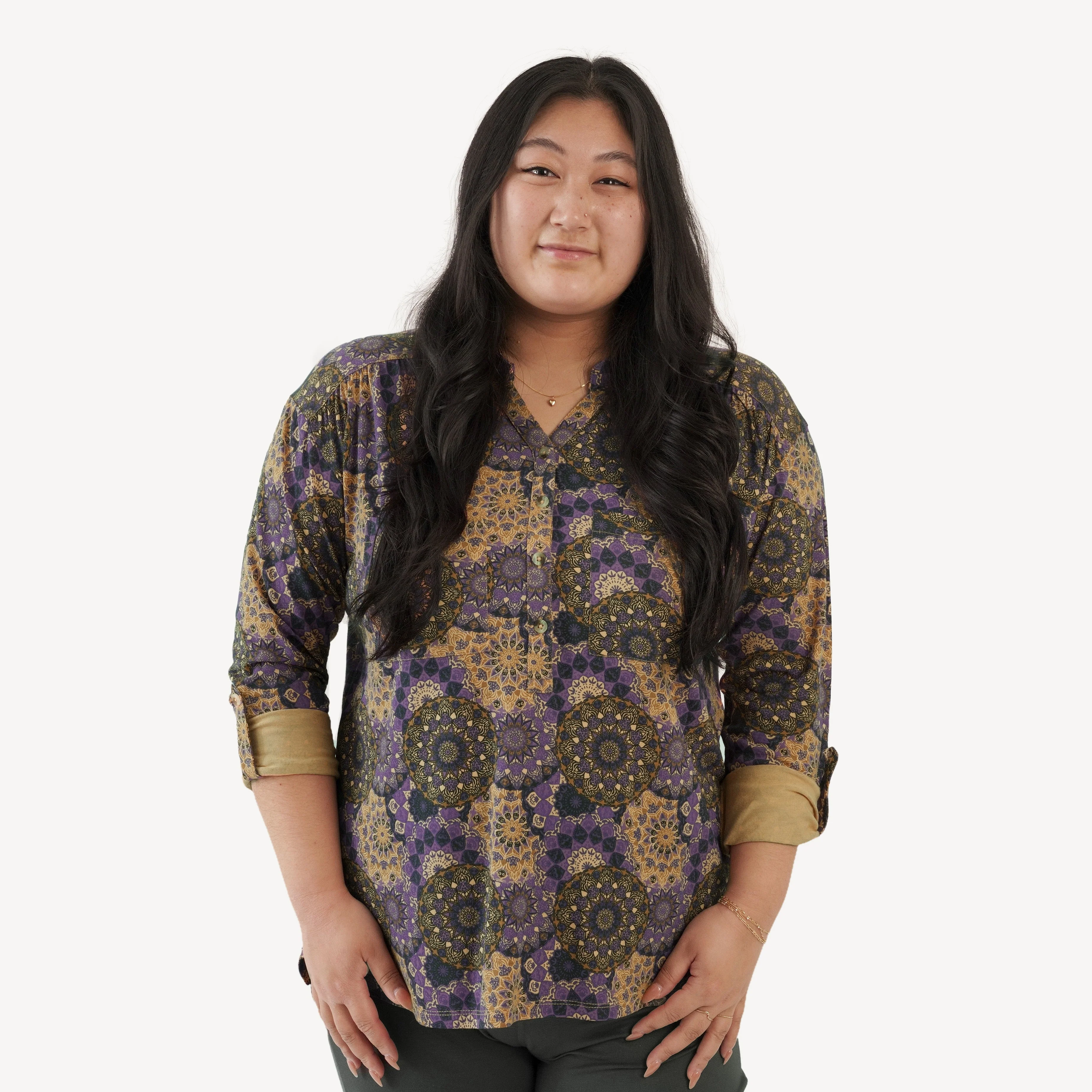 womens long sleeve gathered pocket henley tee | purple mandala | bamboo