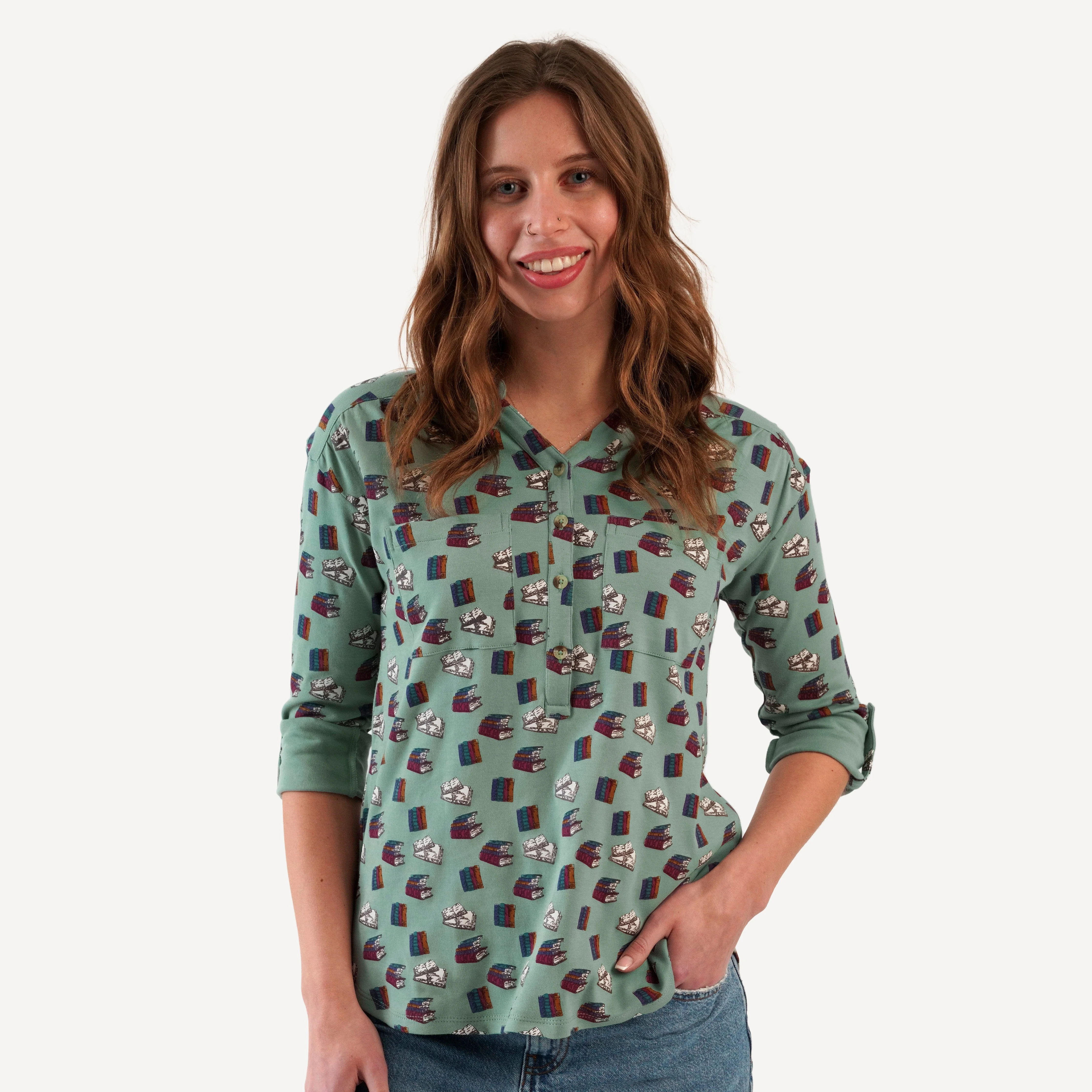womens long sleeve gathered pocket henley top | books | organic cotton interlock
