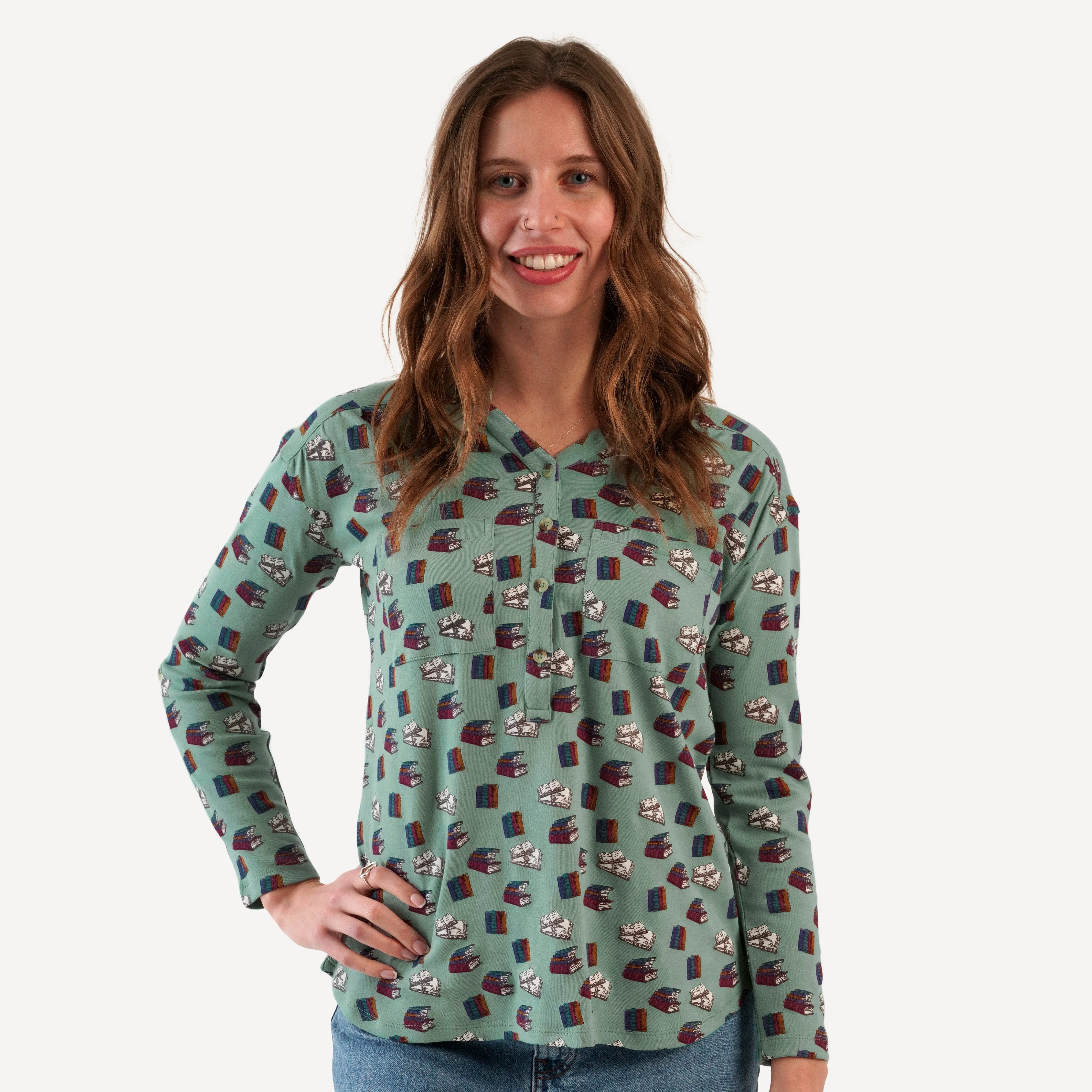 womens long sleeve gathered pocket henley top | books | organic cotton interlock - Image 2
