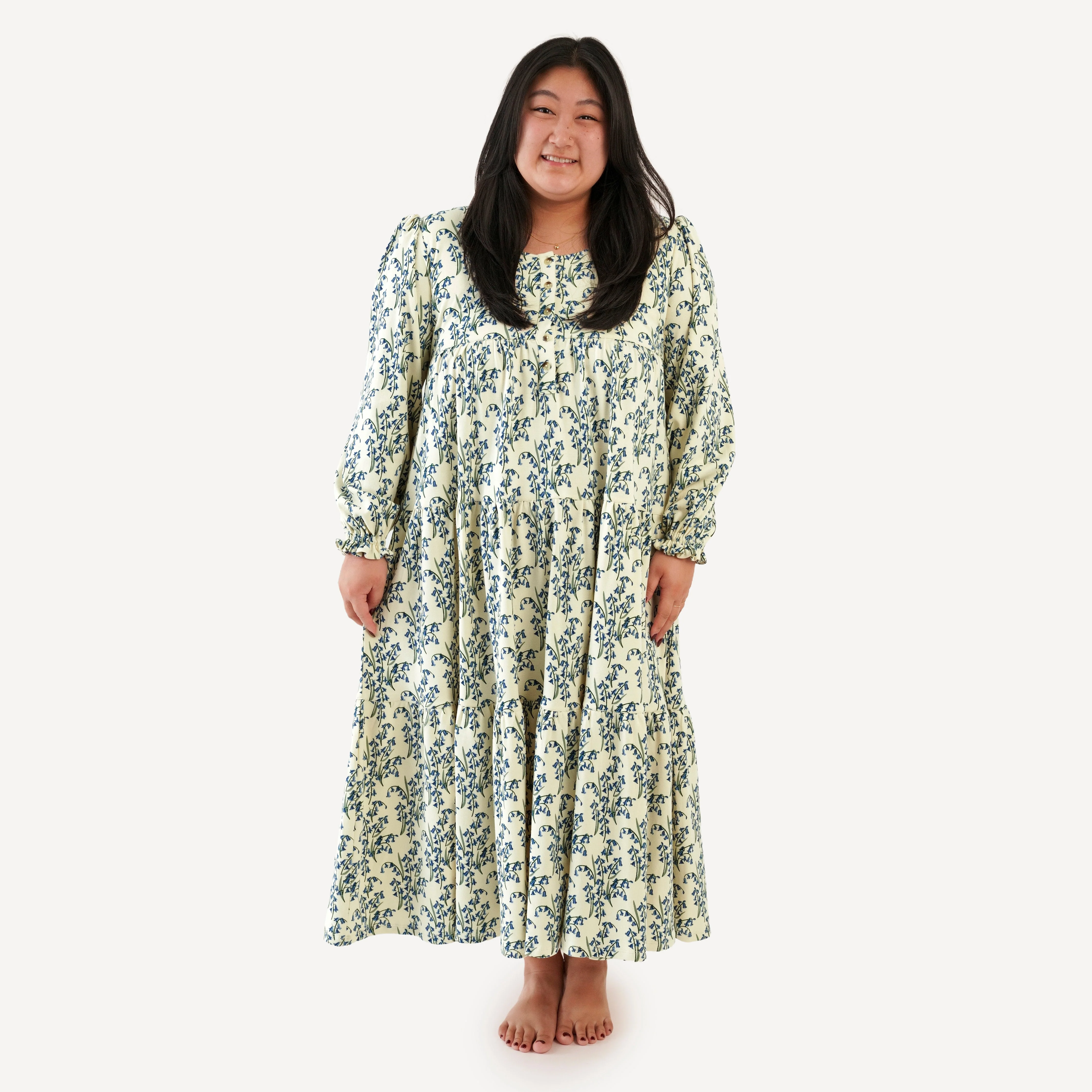 womens long sleeve henley prairie dress | bluebells | organic cotton interlock