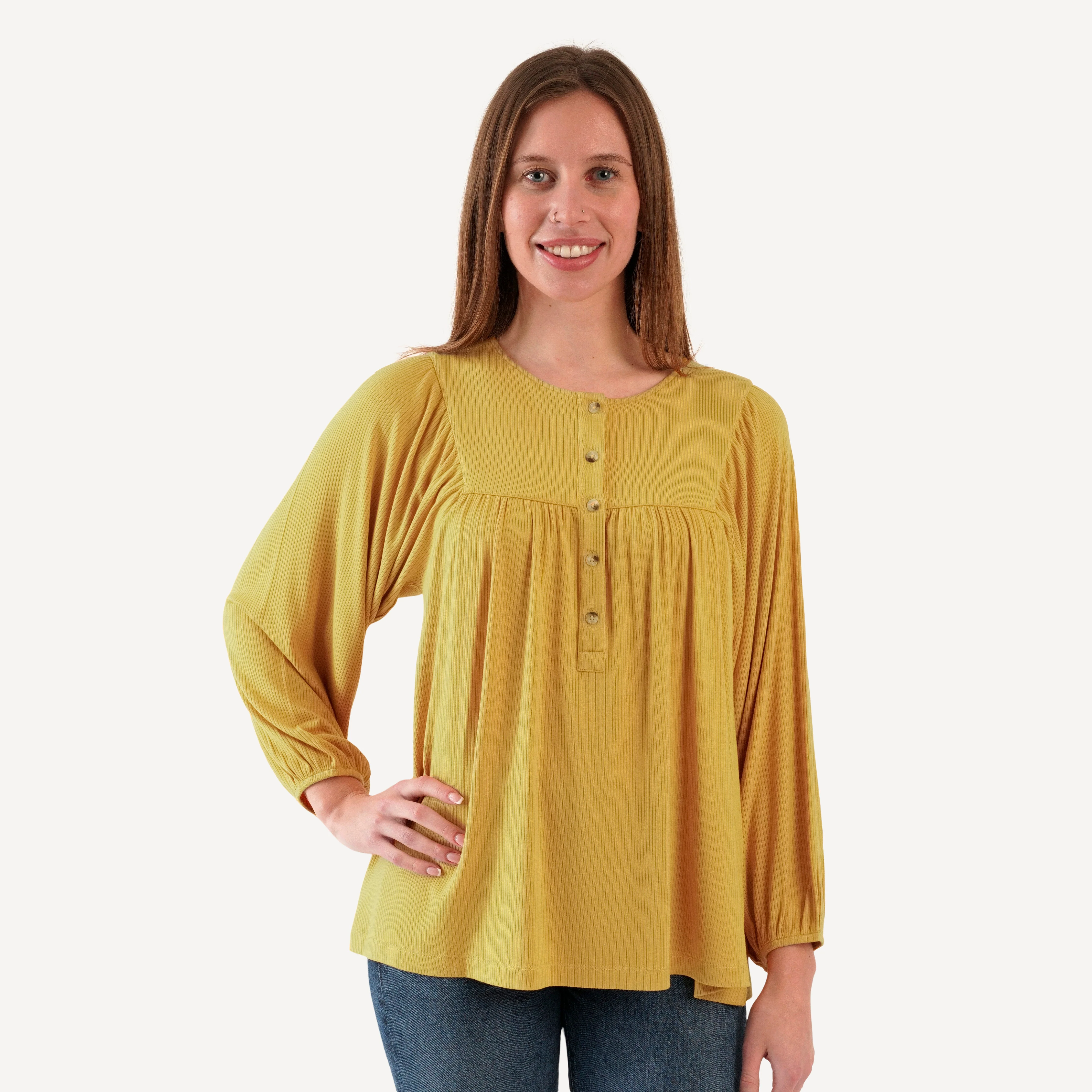womens long sleeve inverted yoke henley top | golden sun | modal skinny rib
