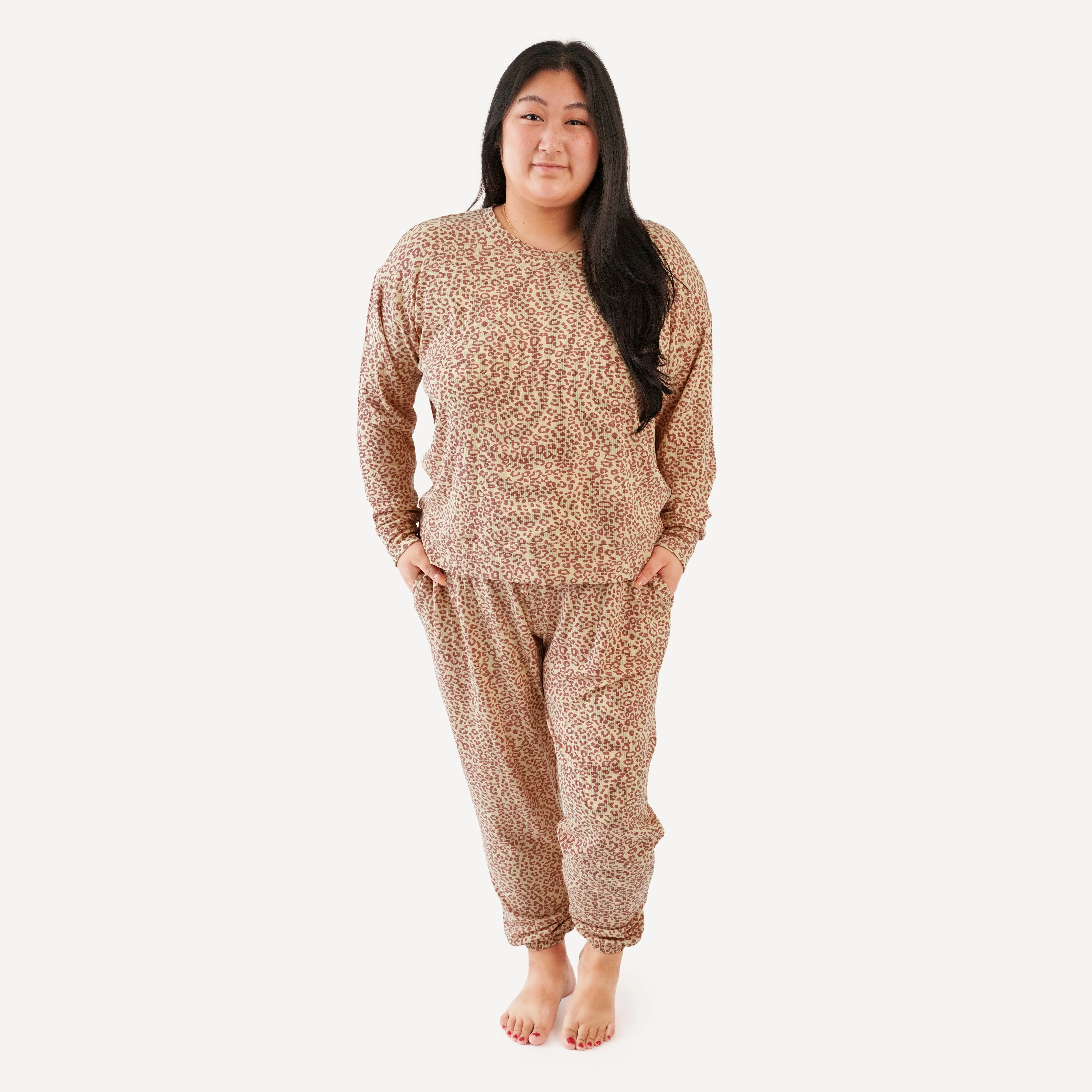 womens long sleeve jogger set | leopard print | modal skinny rib