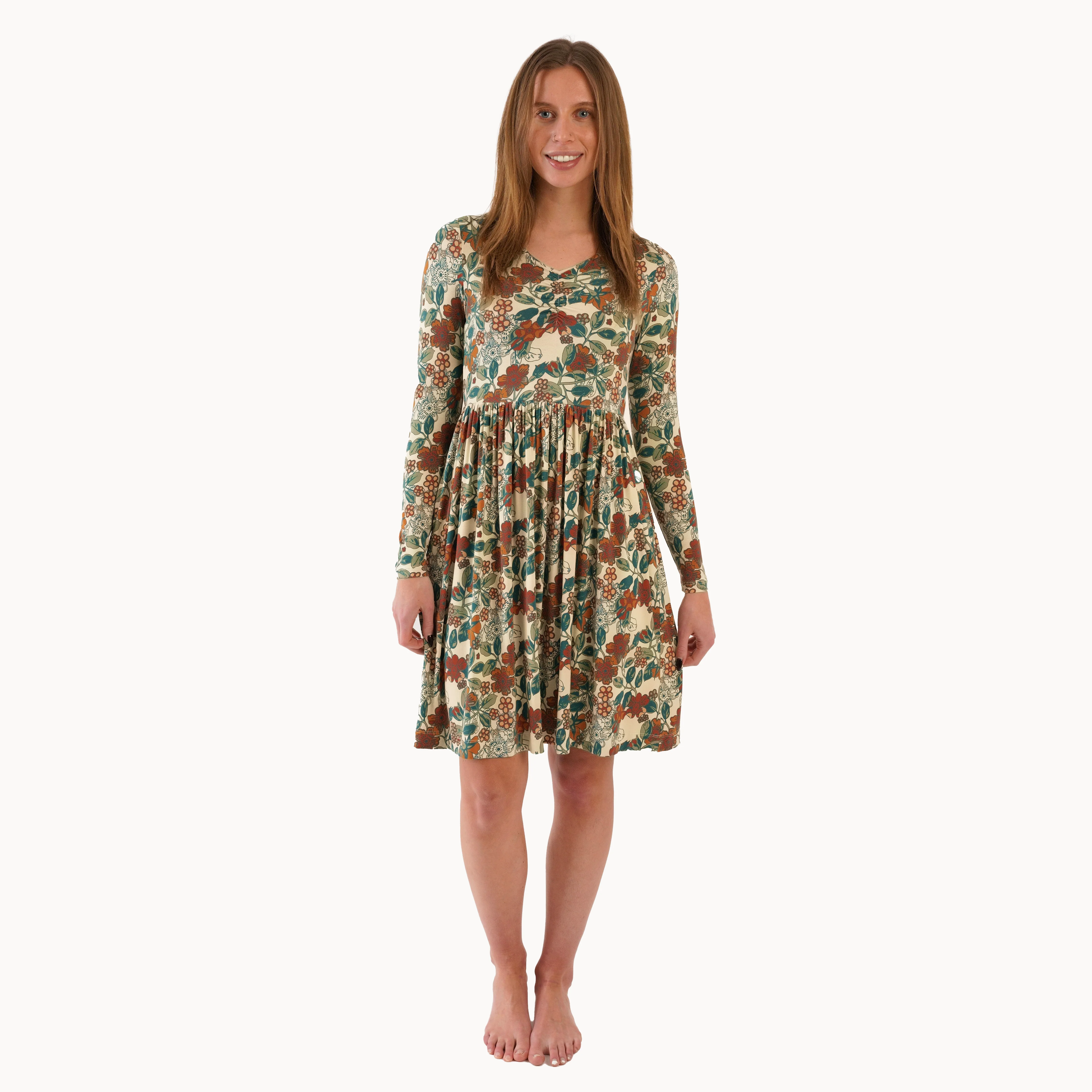 womens long sleeve twirl dress | farmers floral | light weight bamboo