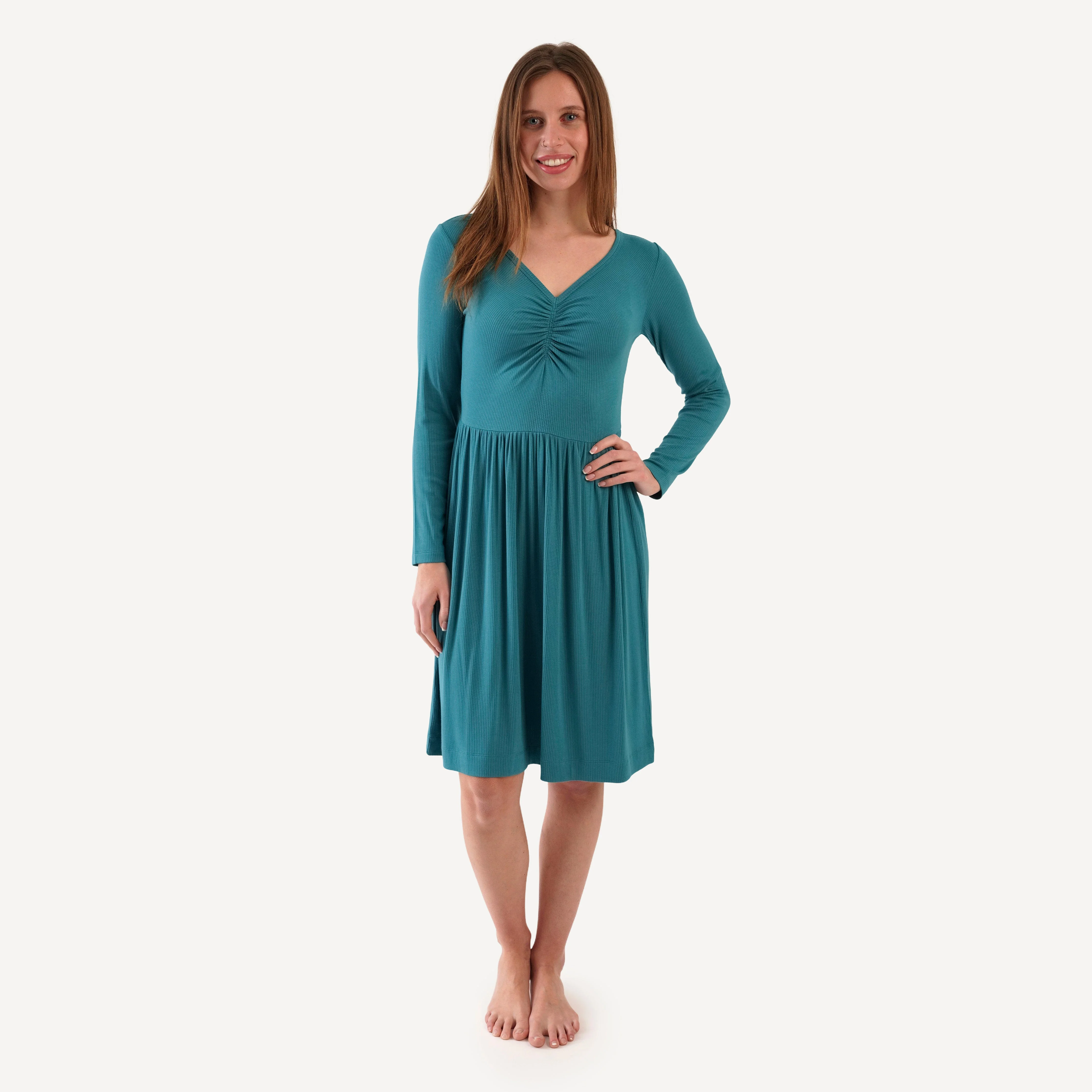 womens long sleeve twirl dress | teal | modal skinny rib