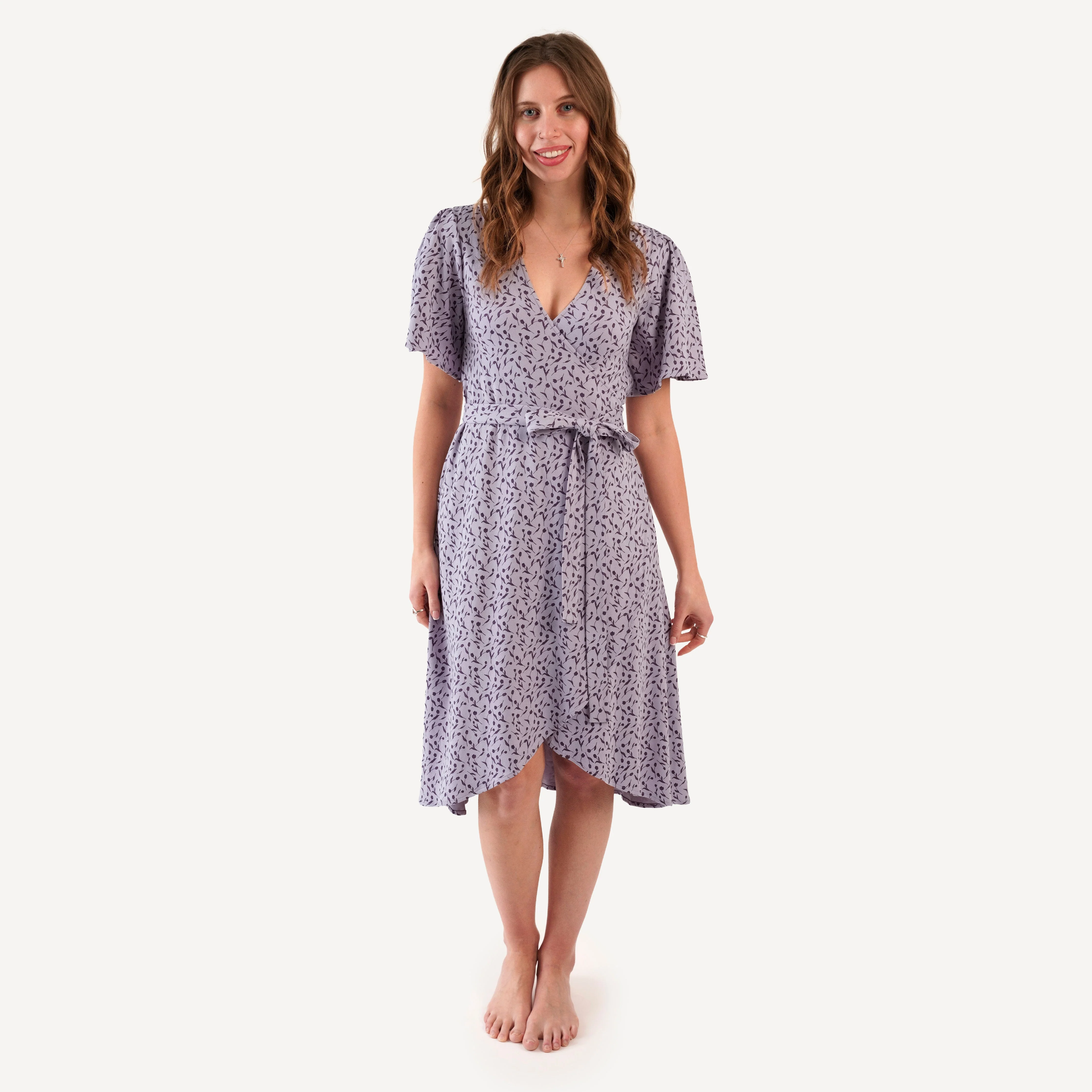 womens midi flutter sleeve wrap dress | purple tulip | organic cotton interlock