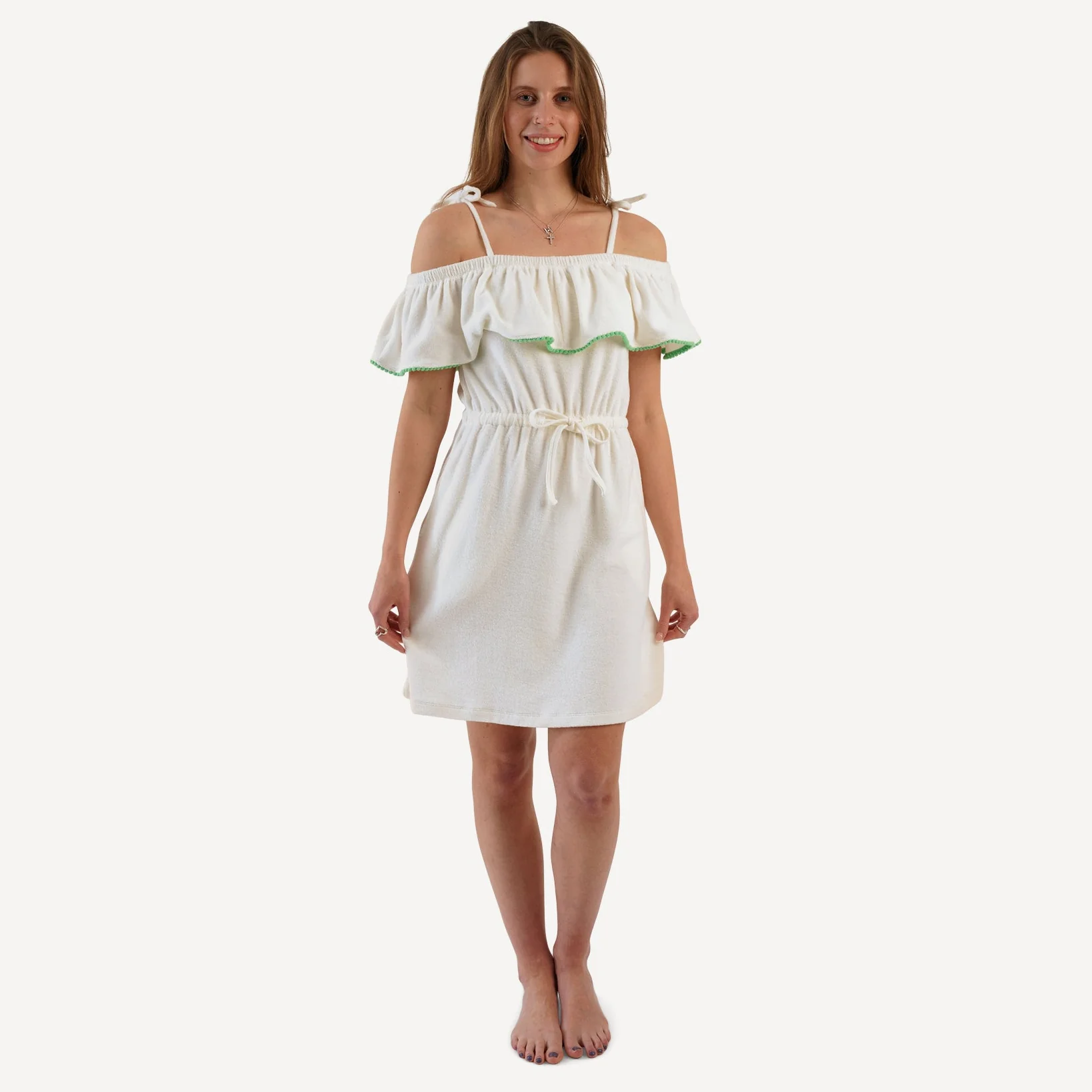 womens off the shoulder ruffle dress | coconut | organic cotton terry