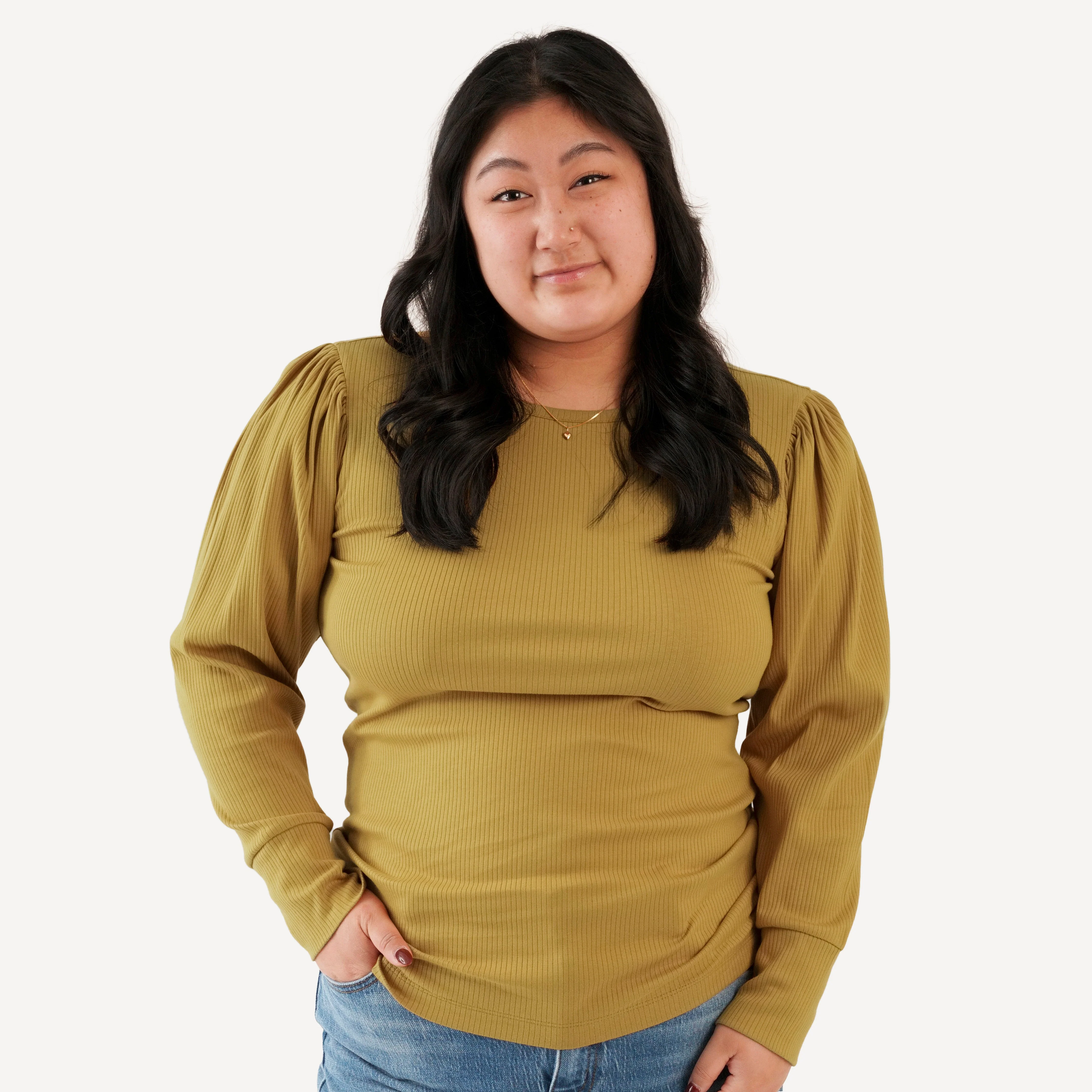 womens puff sleeve top | honey mustard | organic cotton single rib