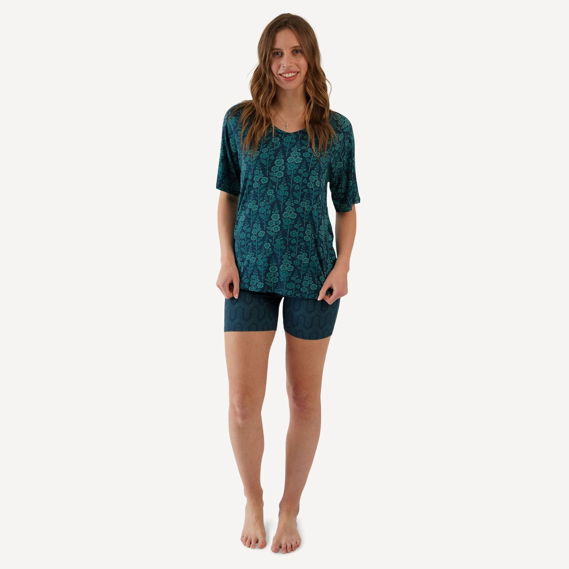 womens relaxed tee + bike short set | blooming floral | light weight bamboo