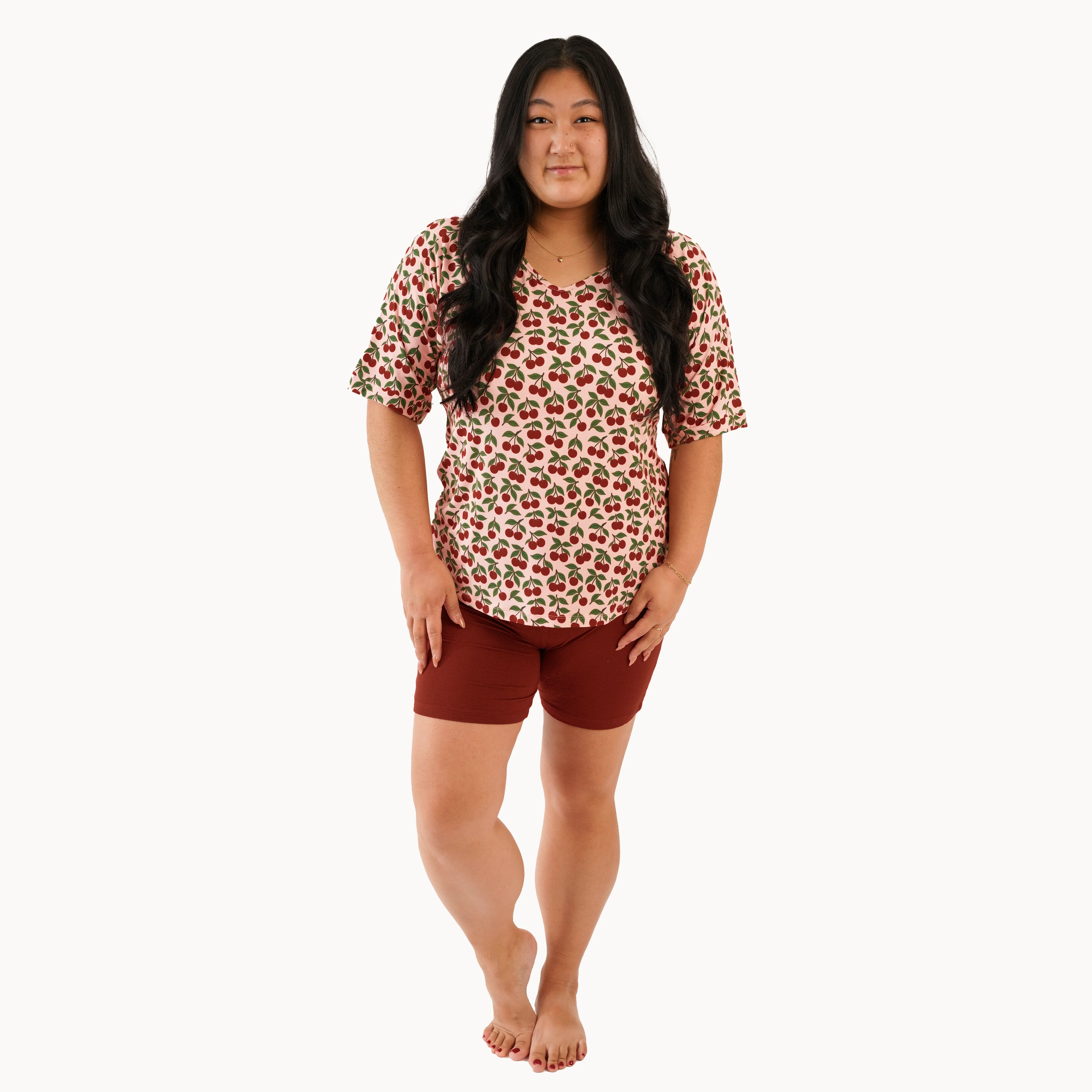 womens relaxed tee + bike short set | cherries | light weight bamboo