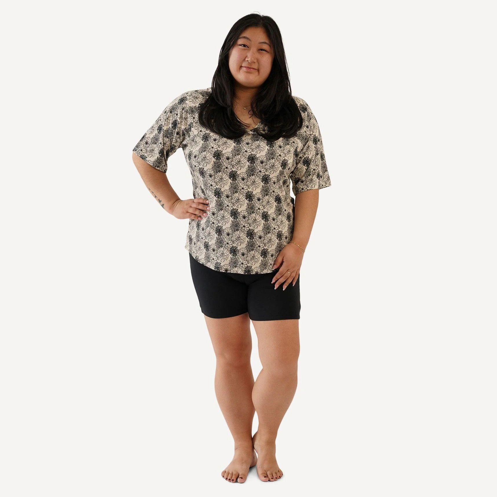 womens relaxed tee + bike short set | sketched flowers | light weight bamboo