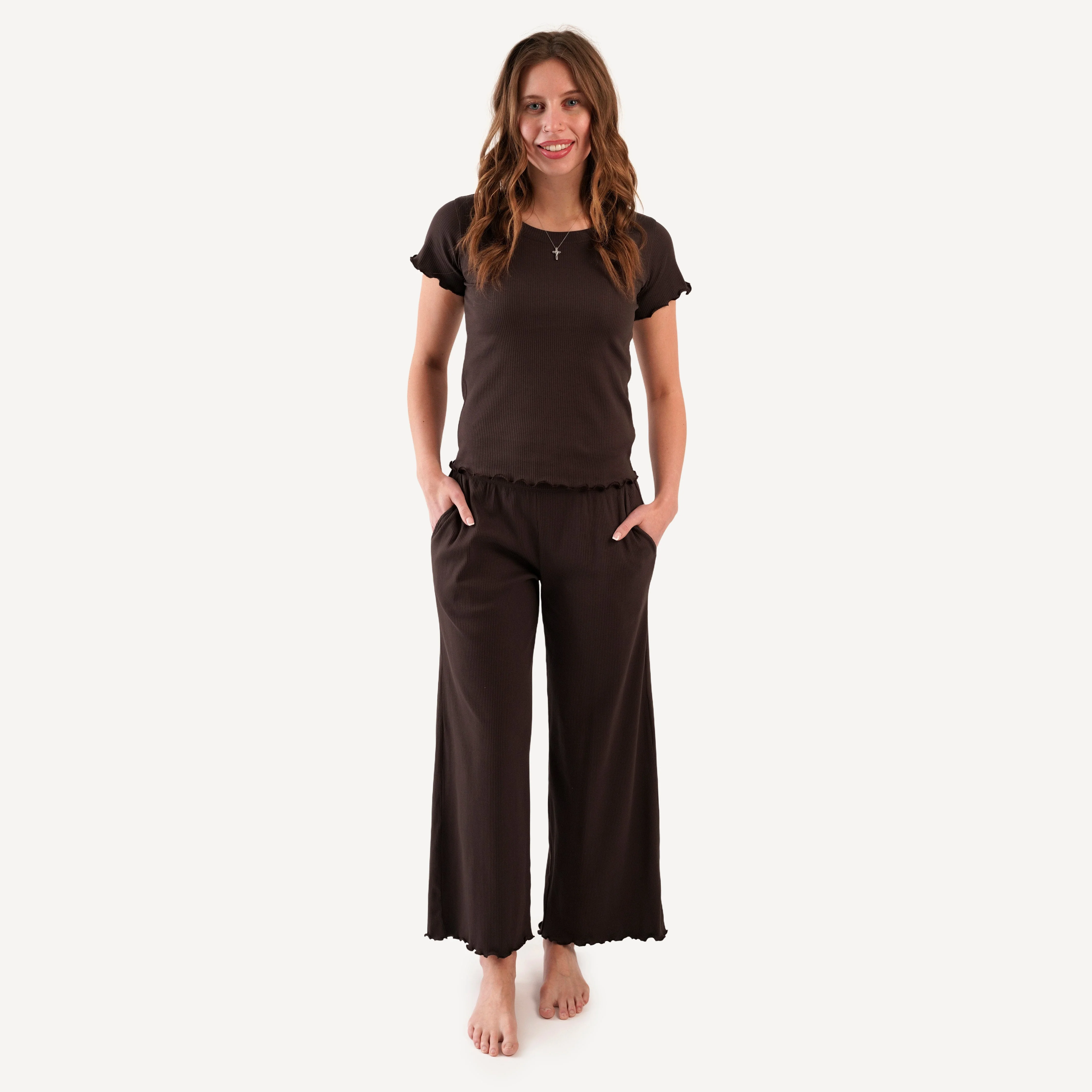 womens short sleeve jade set | hot fudge | organic cotton single rib
