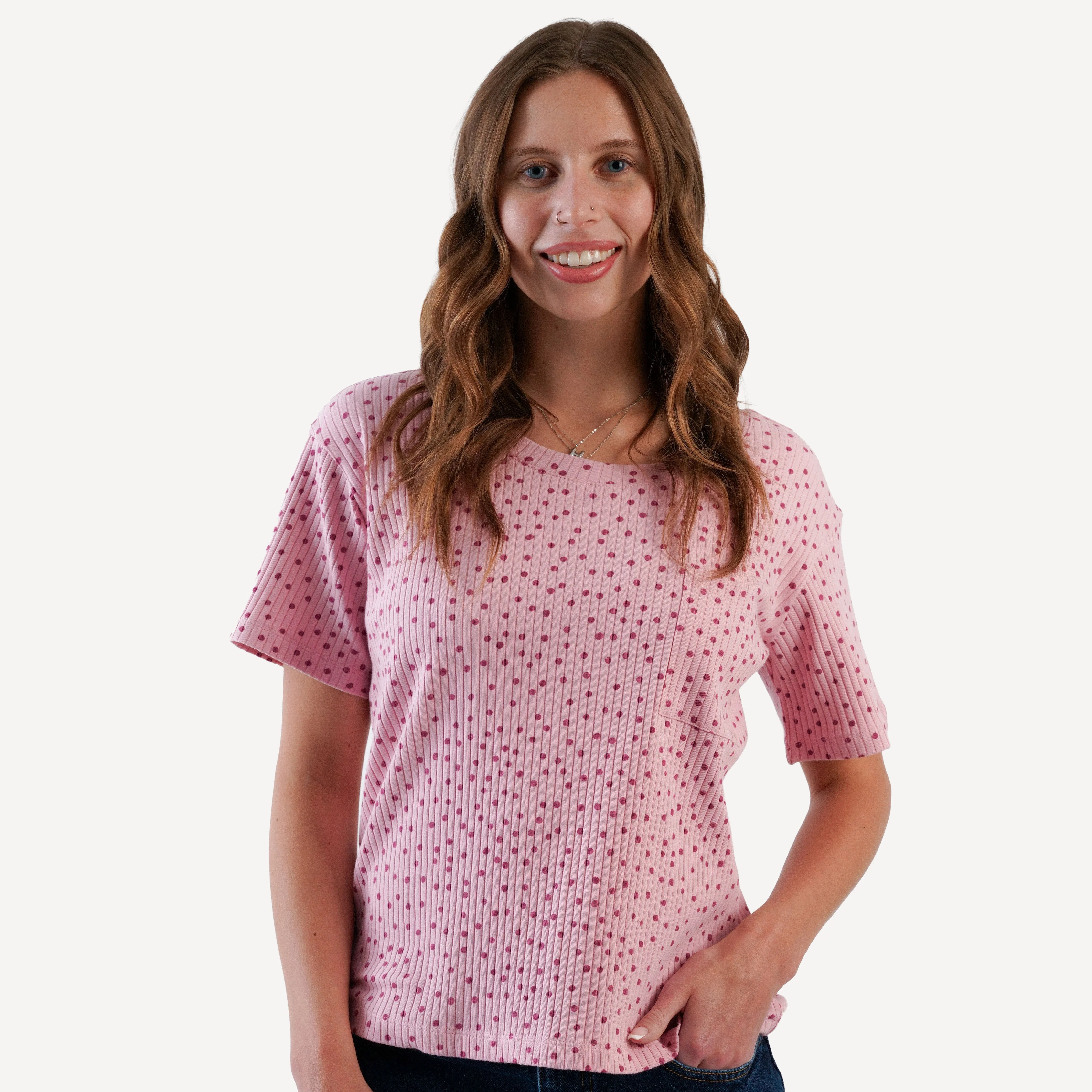 womens short sleeve pocket boxy top | mauve dot | organic cotton wide rib