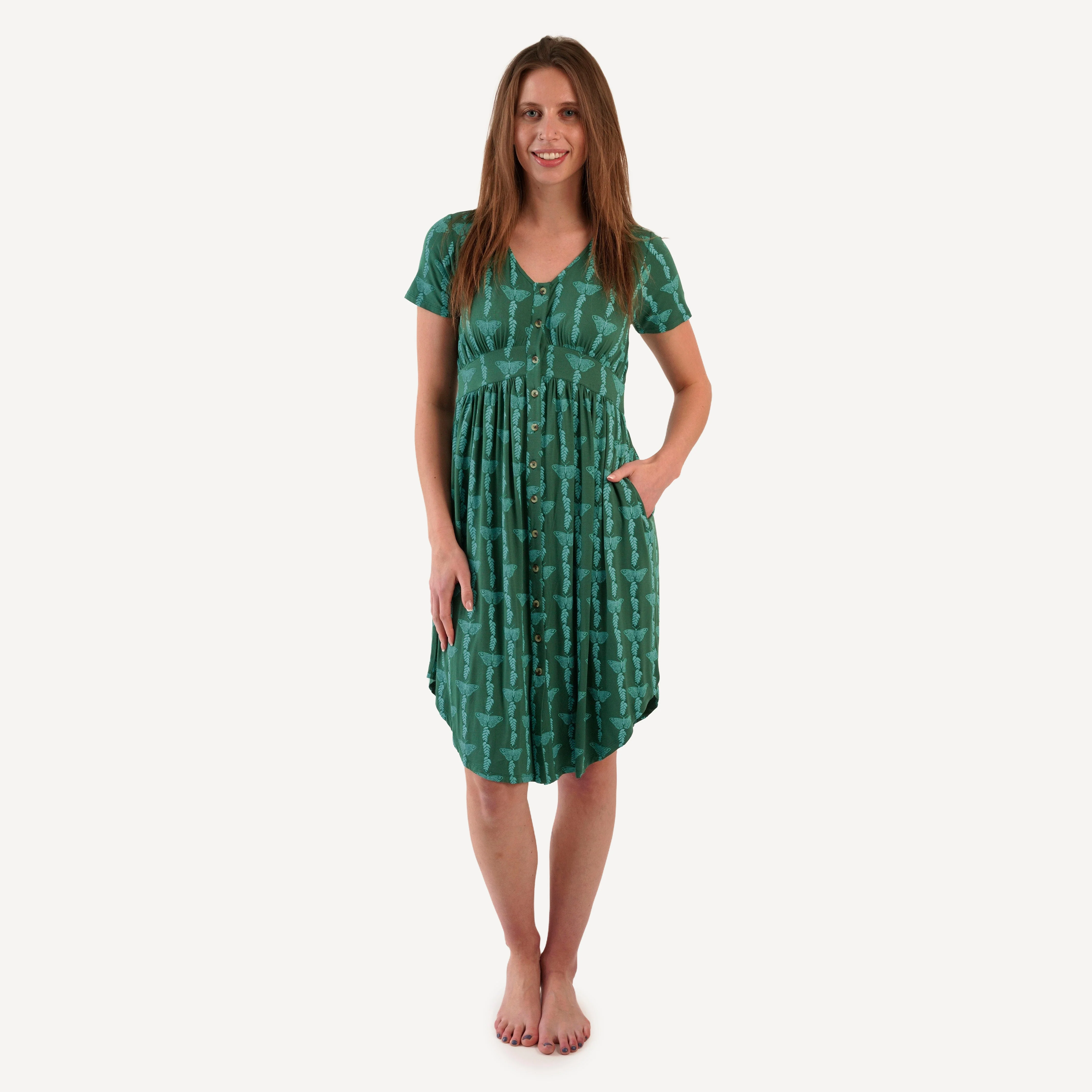 womens short sleeve shirt tail button dress | juniper butterfly vine | bamboo
