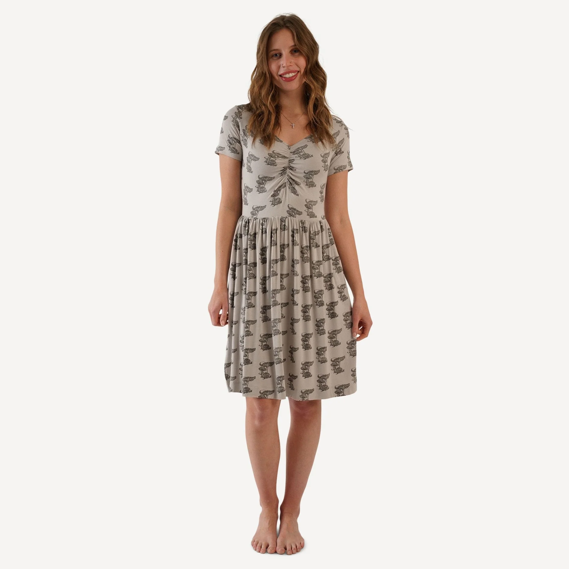 womens short sleeve twirl dress | gray mushroom snail | bamboo