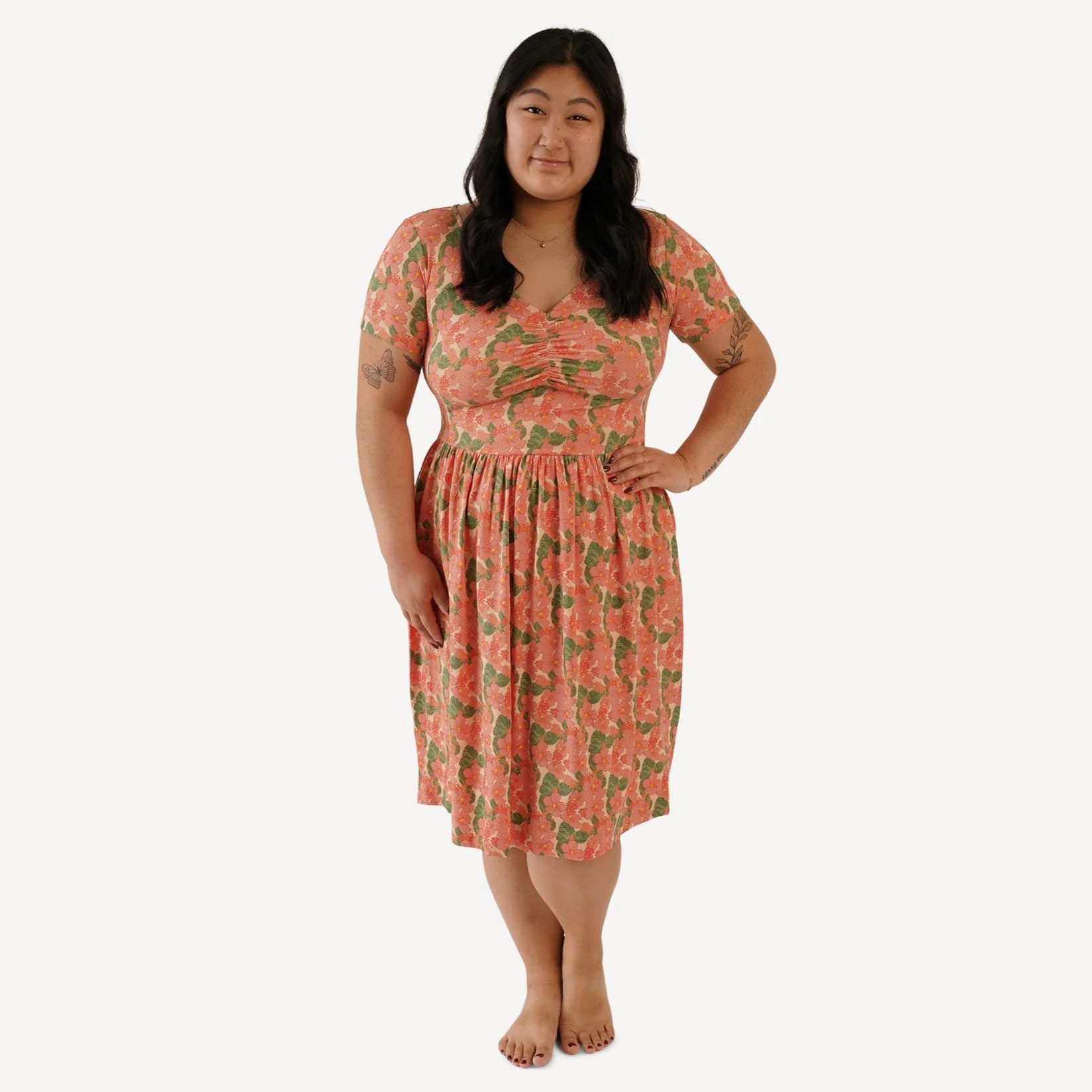 womens short sleeve twirl dress | tropical flower party | bamboo