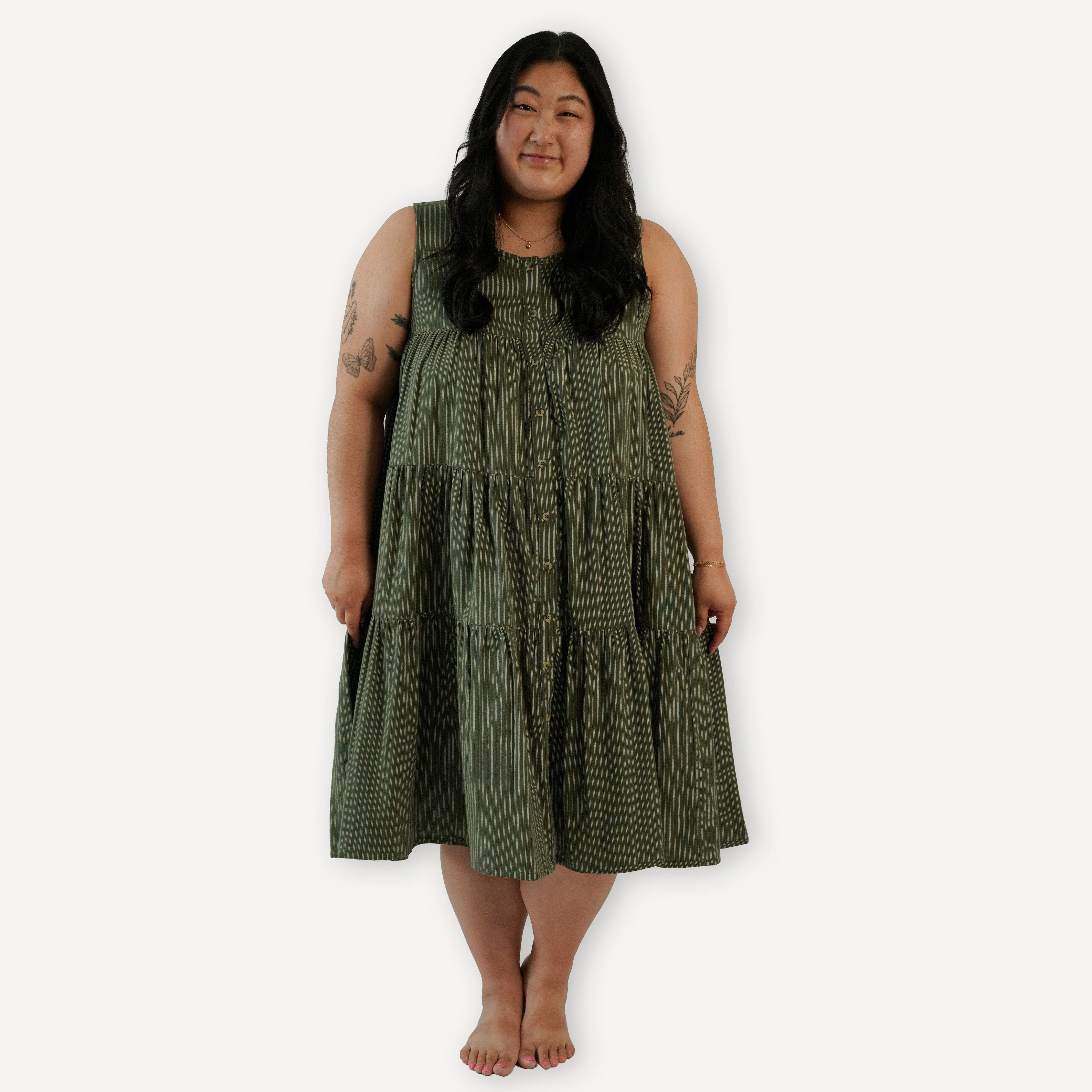 womens sleeveless tiered dress | green pinstripe | organic cotton gauze