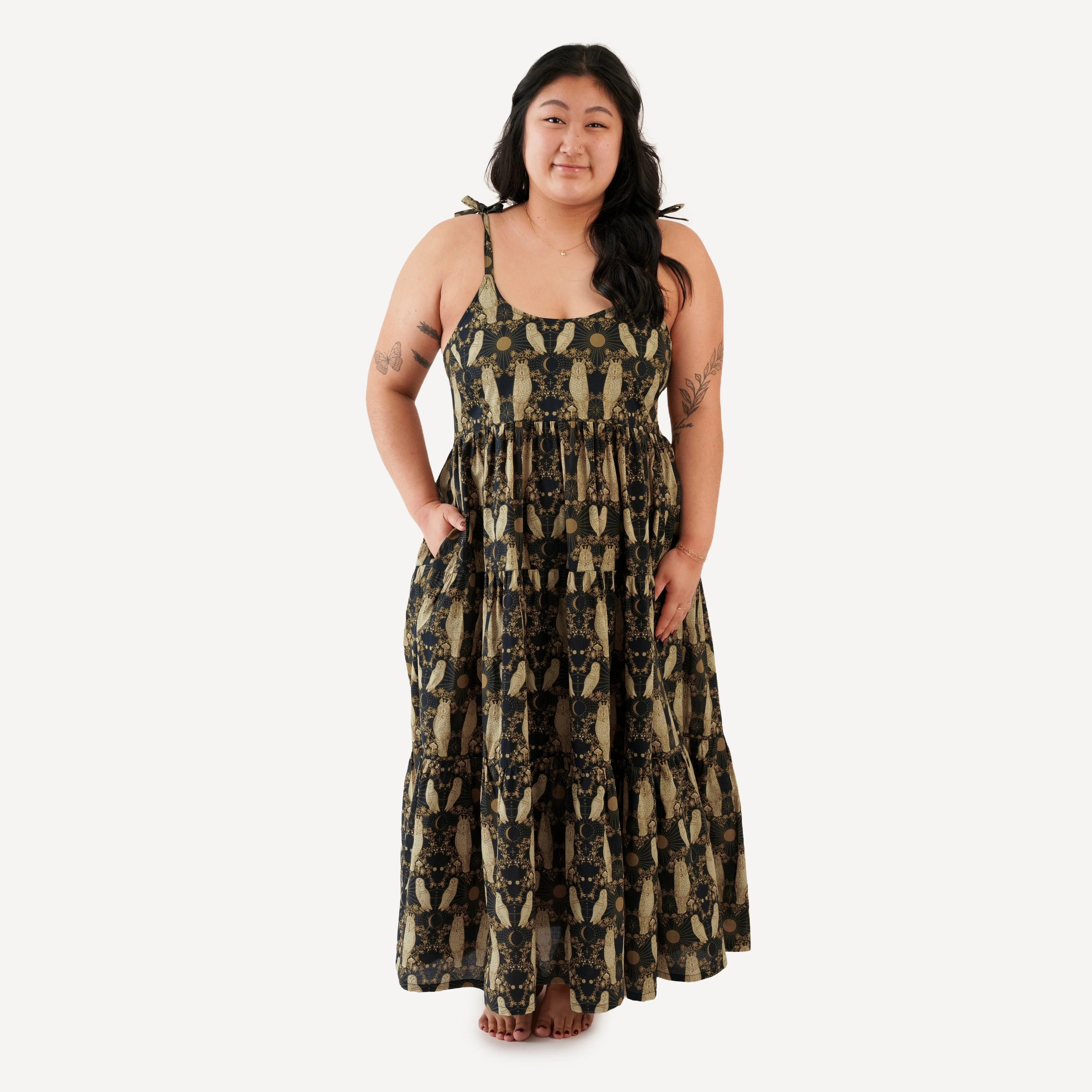 womens spaghetti tie prairie dress | mystical owl | organic cotton woven - Image 4