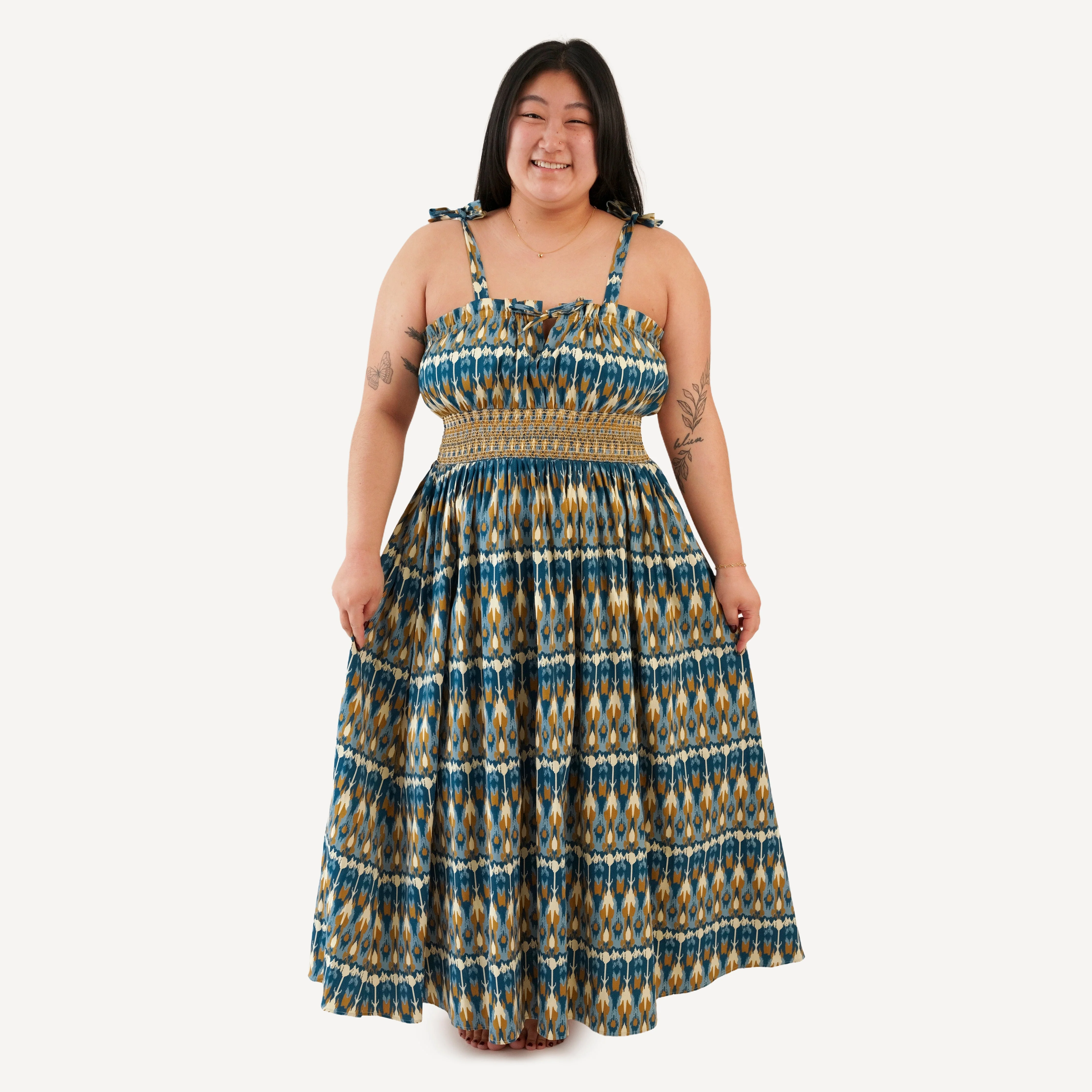 womens spaghetti tie winnie dress | blue ikat | organic cotton sateen woven