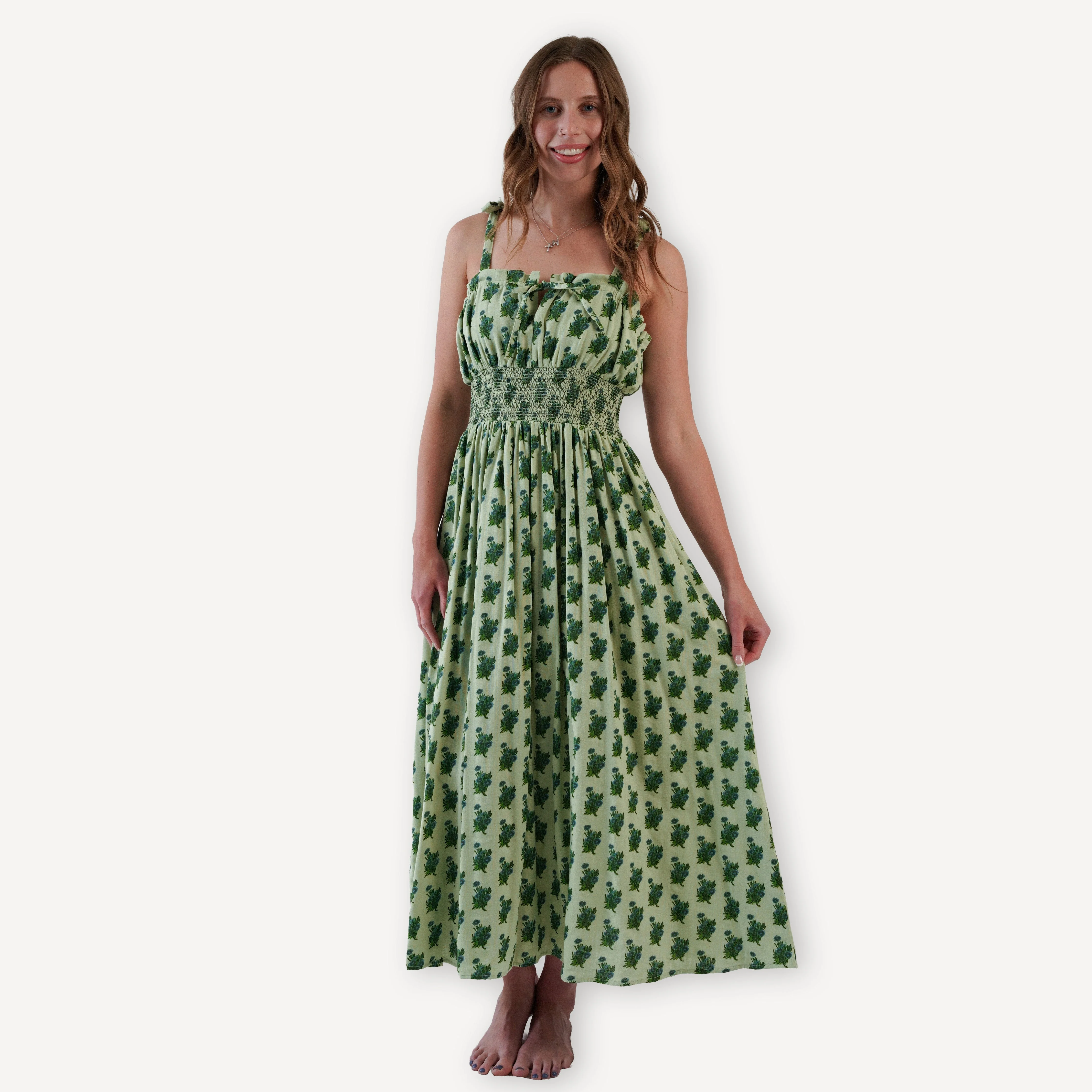 womens spaghetti tie winnie dress | blue tiny calendula | organic cotton gauze
