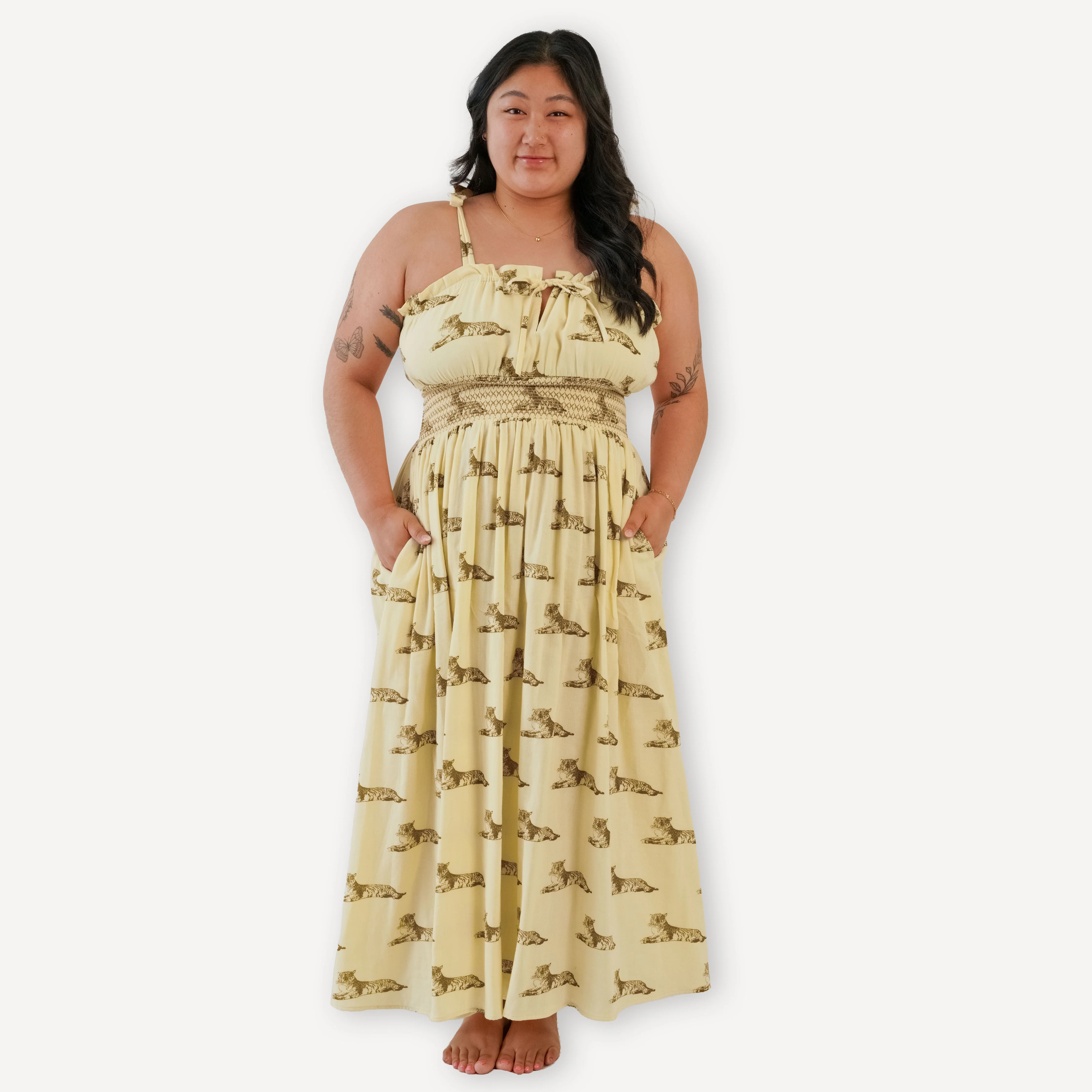 womens spaghetti tie winnie dress | classic tiger | organic cotton gauze