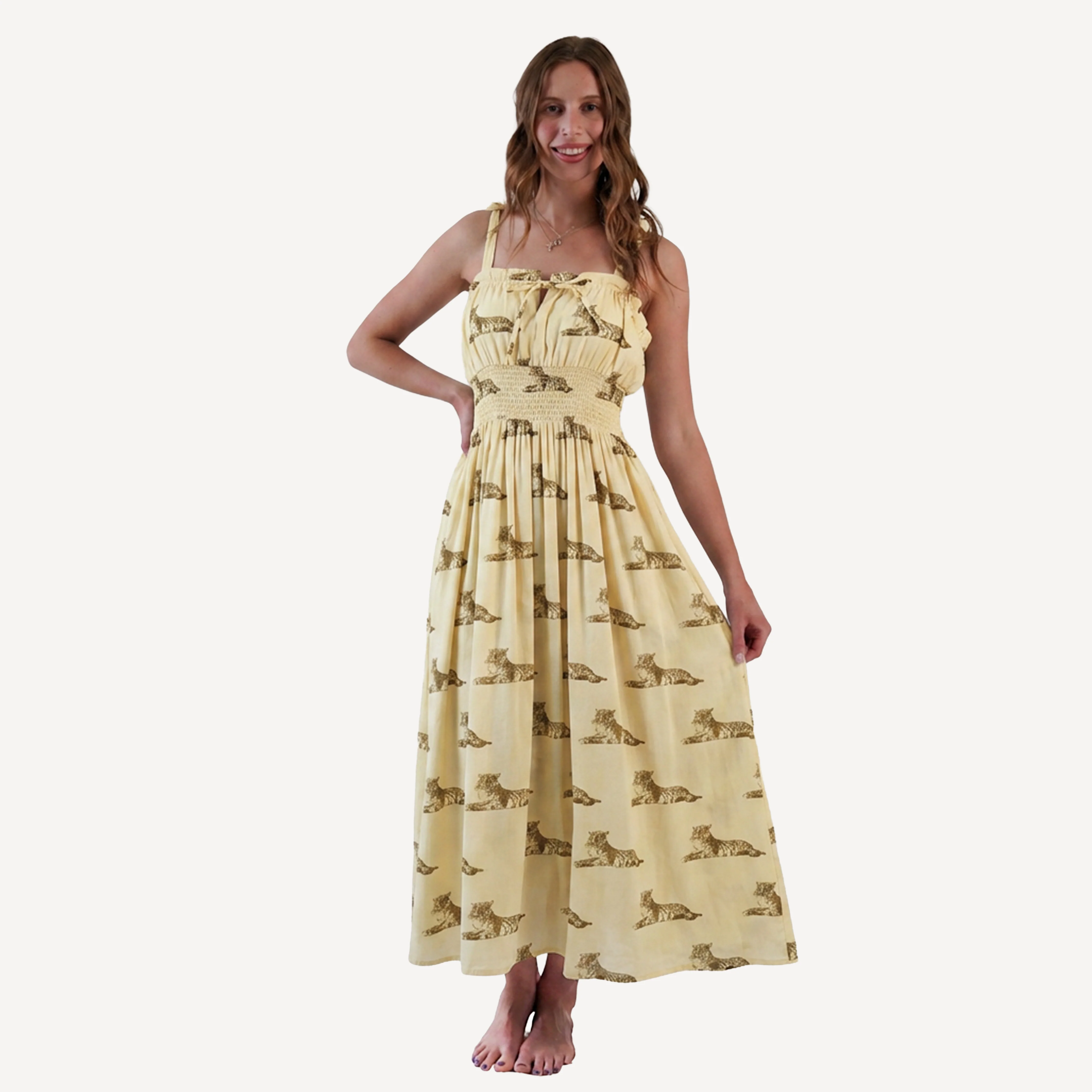 womens spaghetti tie winnie dress | classic tiger | organic cotton gauze - Image 3